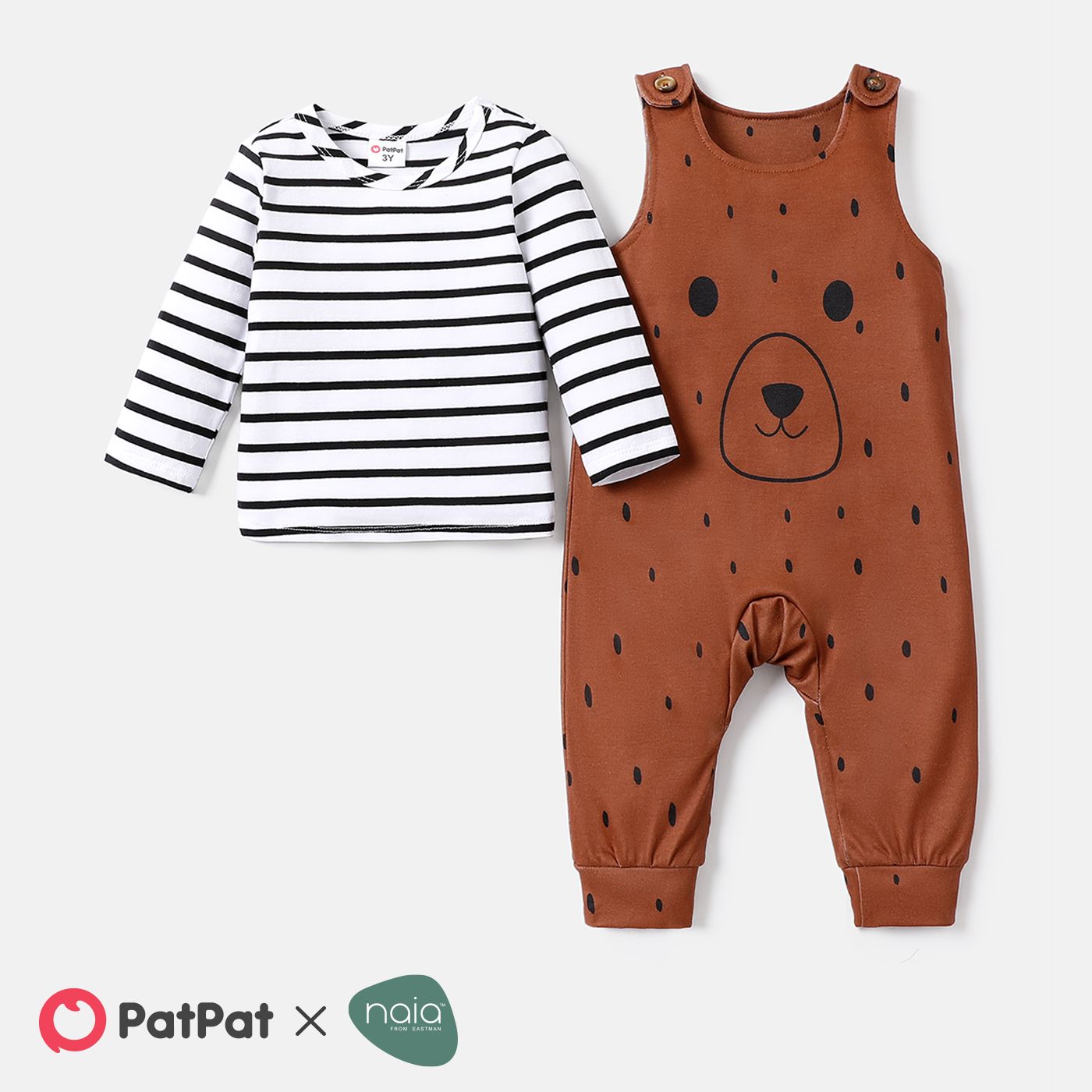 

Naia 2pcs Toddler Boy Stripe Long-sleeve Tee and Bear Print Overalls Set