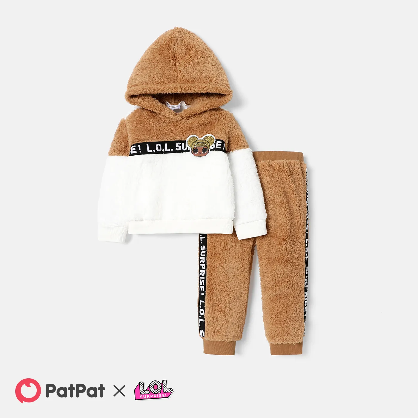 L.O.L. SURPRISE! 2pcs Toddler Girl Letter Print Colorblock Fleece Hoodie Sweatshirt and Elasticized Pants Set Brown big image 1
