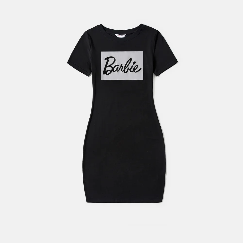 Barbie Mommy and Me Black Cotton Short-sleeve Letter Print Bodycon T-shirt Dresses  big image 14