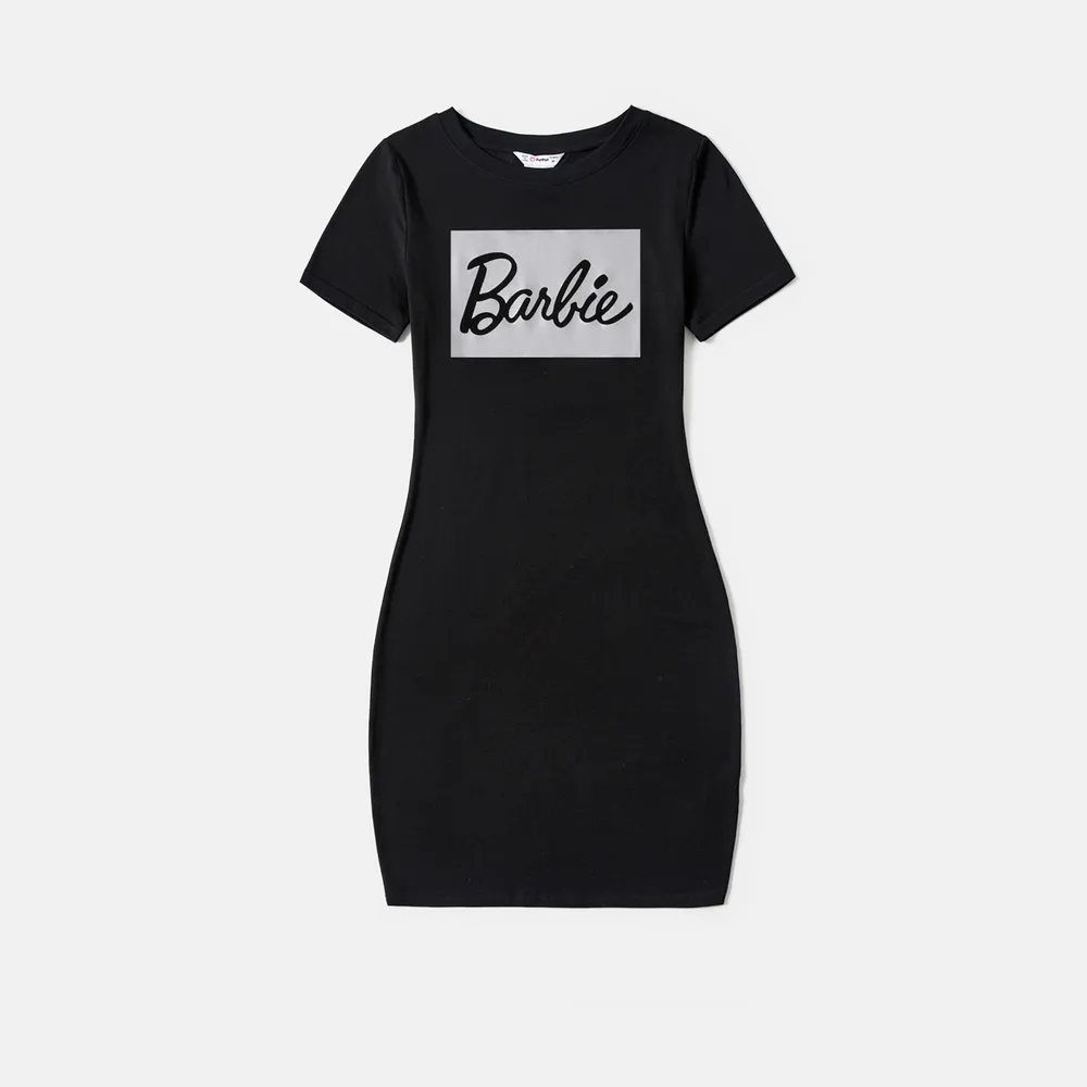 Barbie Mommy and Me Black Cotton Short-sleeve Letter Print Bodycon T-shirt Dresses big image 14