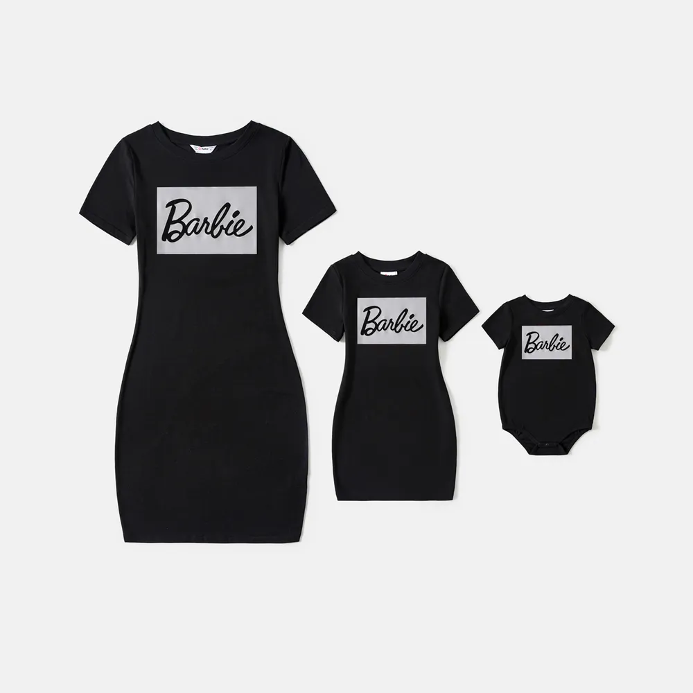 Barbie Mommy and Me Black Cotton Short-sleeve Letter Print Bodycon T-shirt Dresses big image 6