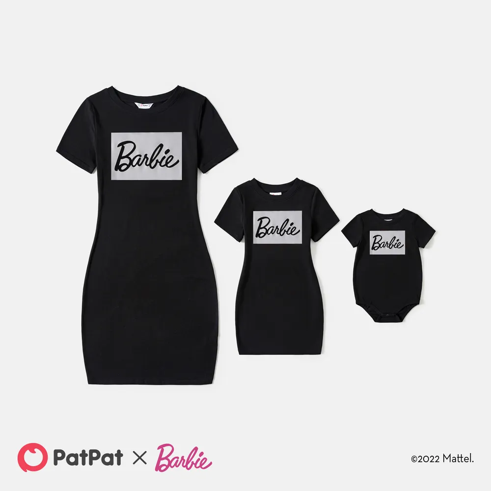 Barbie Mommy and Me Black Cotton Short-sleeve Letter Print Bodycon T-shirt Dresses big image 5