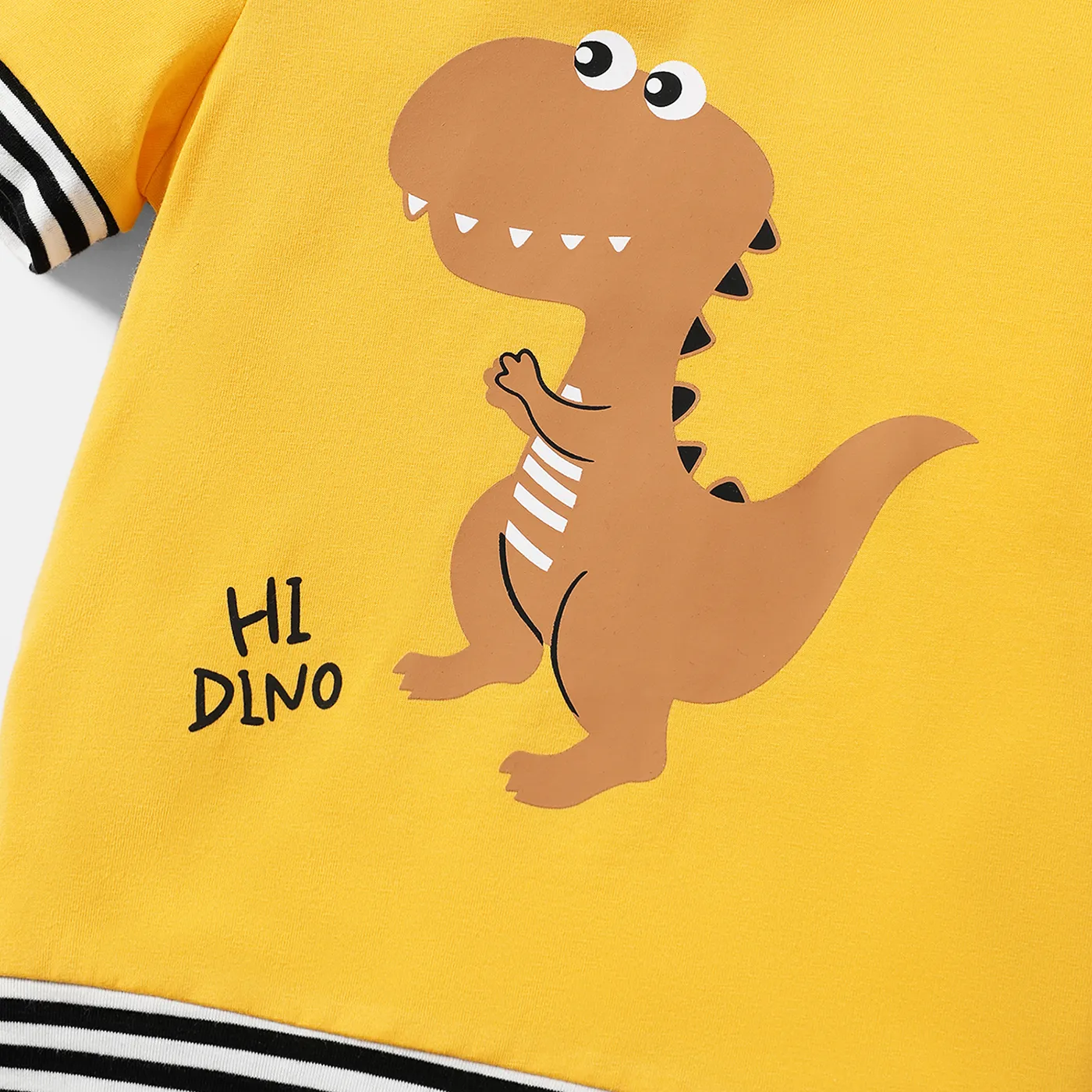 2pcs Toddler Boy Dinosaur Print Striped Hooded Short-sleeve Cotton Tee and Shorts Set Yellow image 4