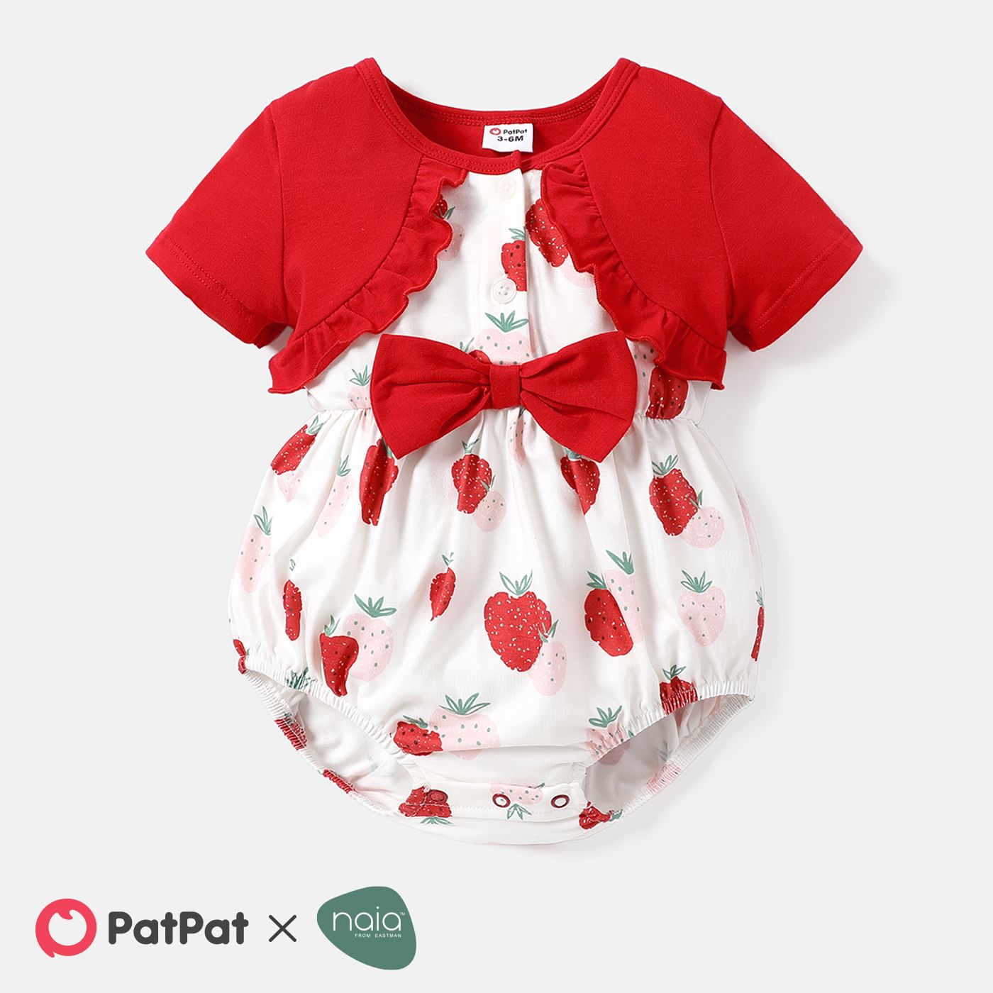 

Naia™ Baby Girl Strawberry Print Cotton Bowknot Design Short-sleeve Romper