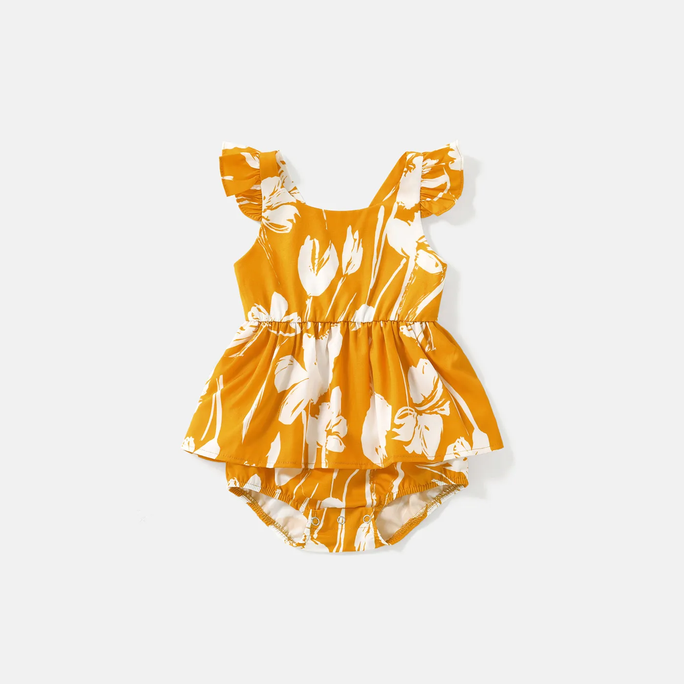 Family Matching Cotton Short-sleeve Colorblock T-shirts and Floral Print Off Shoulder Belted Dresses Sets  image 1