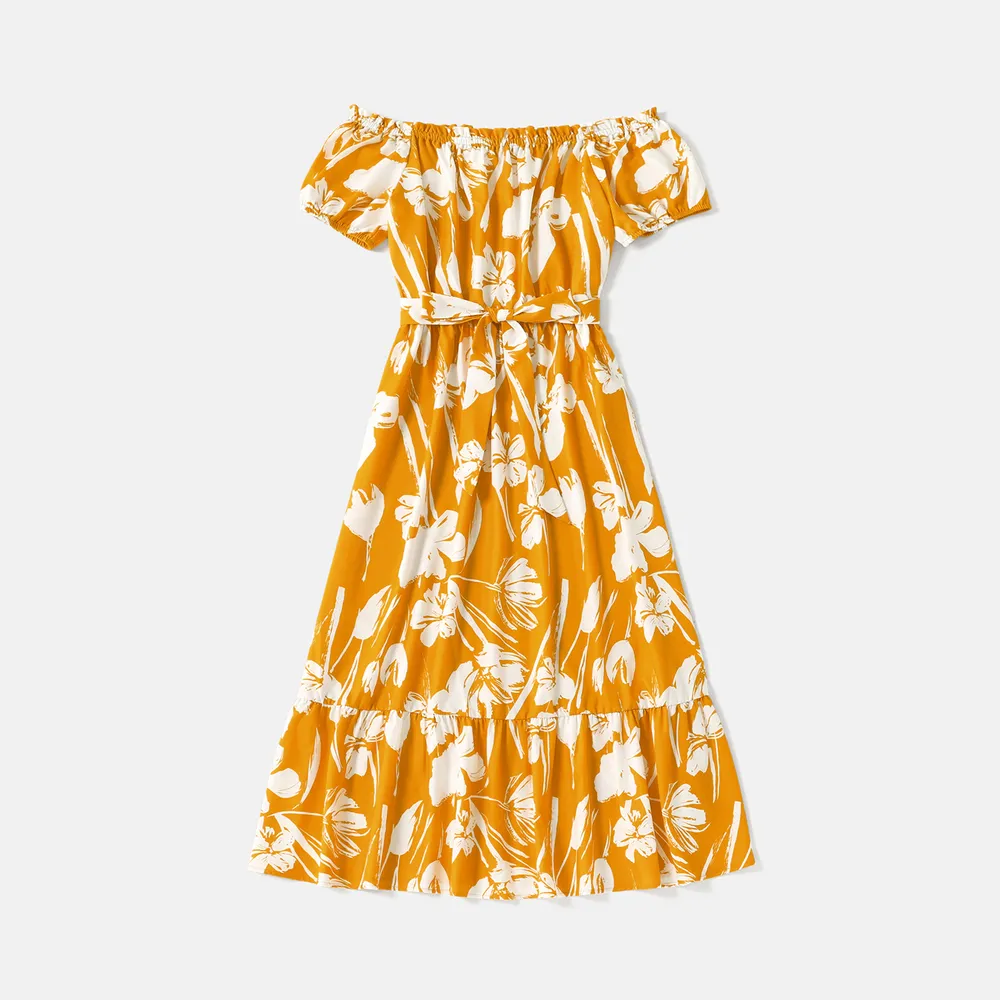 Family Matching Cotton Short-sleeve Colorblock T-shirts and Floral Print Off Shoulder Belted Dresses Sets  big image 14
