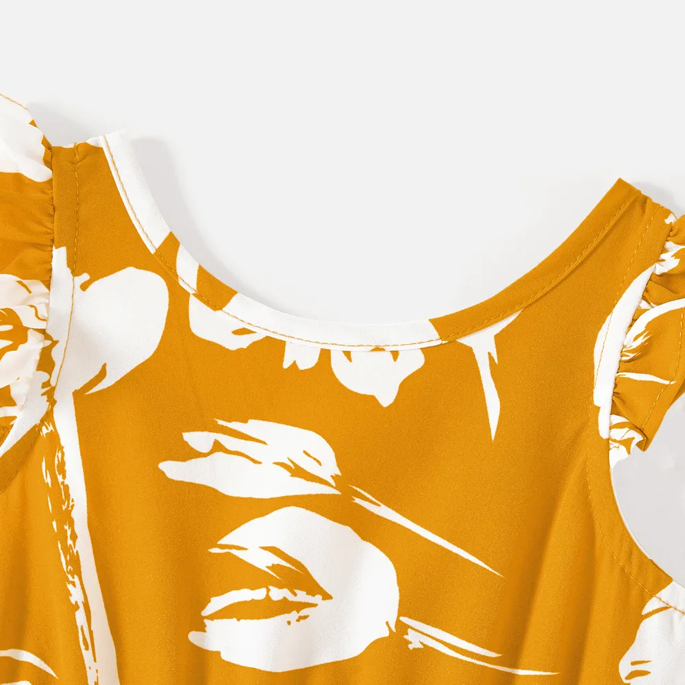 Family Matching Cotton Short-sleeve Colorblock T-shirts and Floral Print Off Shoulder Belted Dresses Sets big image 3