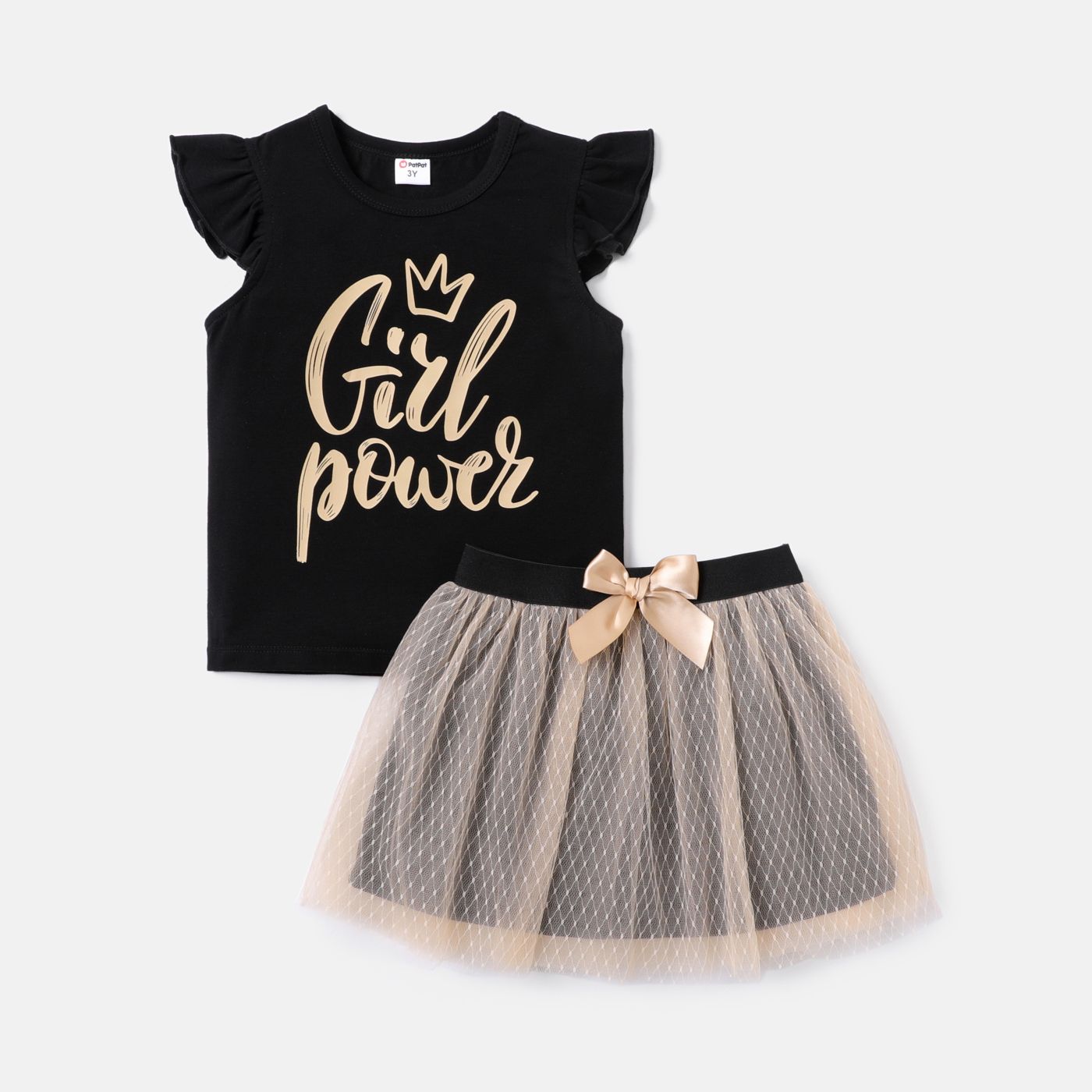 

2pcs Toddler Girl Letter Print Flutter-sleeve Tee and Bowknot Design Mesh Skirt Set