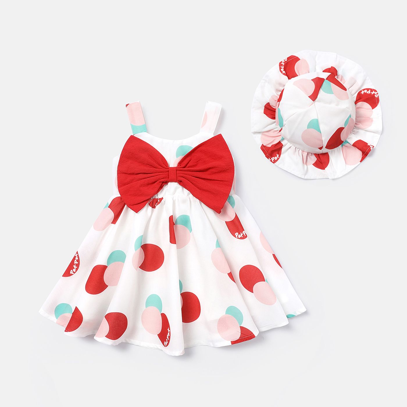 

2pcs Baby Girl Polka dots Bowknot Design Cami Dress and Cap Set