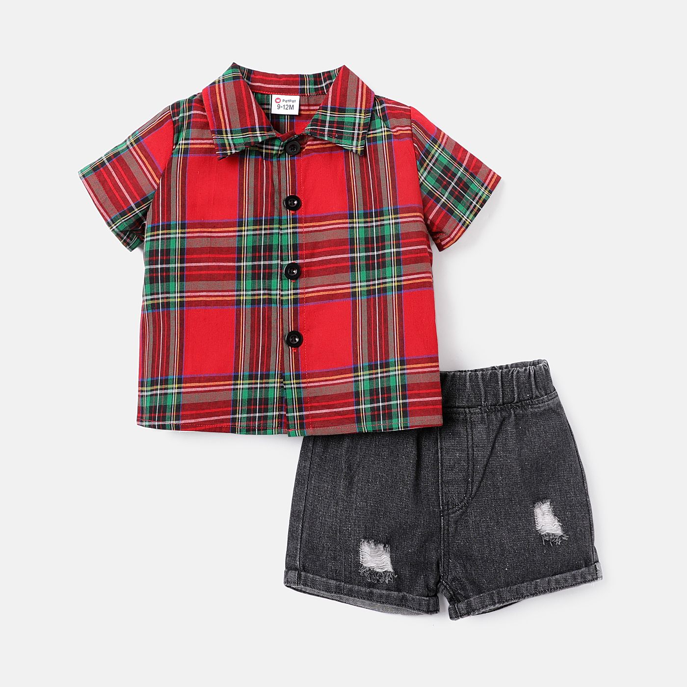

2pcs Baby Girl 100% Cotton Short-sleeve Plaid Shirt and Ripped Denim Shorts Set