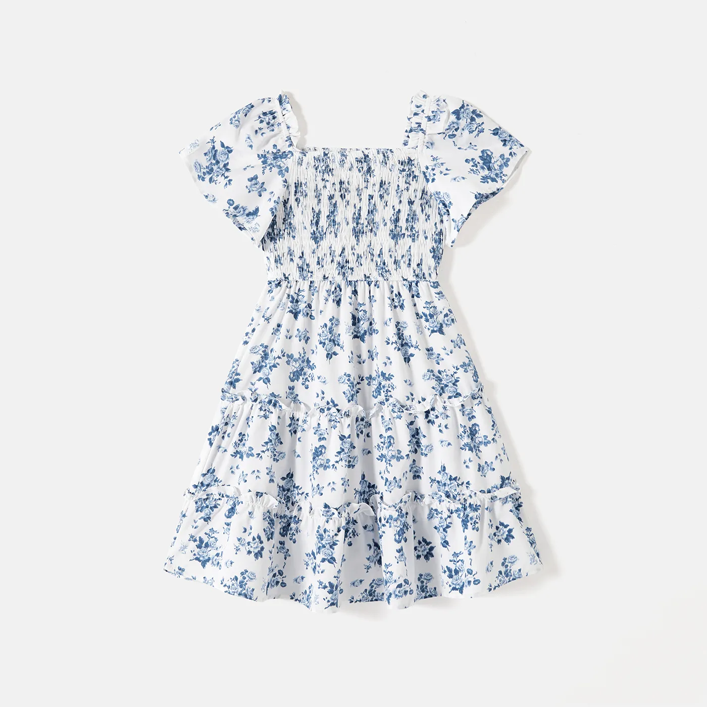 Family Matching Allover Floral Print Shirred Tiered Dresses and Short-sleeve Colorblock T-shirts Set