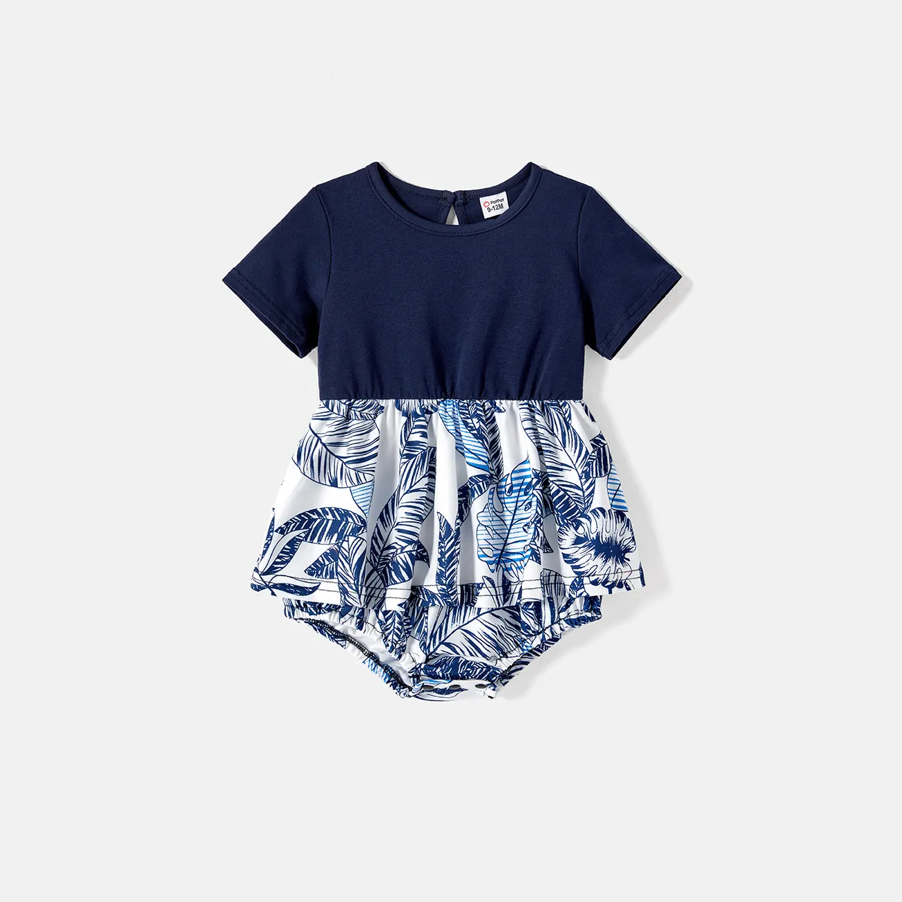 Family Matching 95% Cotton Allover Plant Print Short-sleeve Belted Spliced Dresses and T-shirts Sets BLUEWHITE big image 1