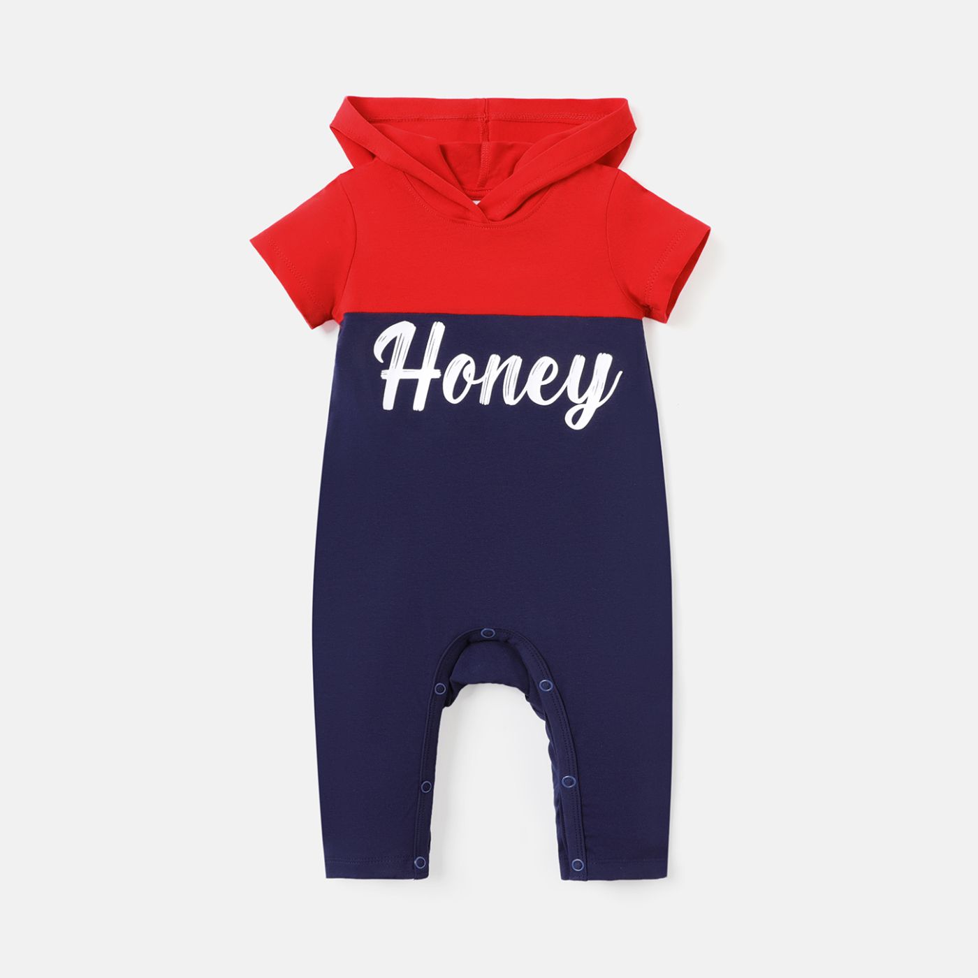 

Baby Girl Cotton Letter Print Colorblock Hooded Short-sleeve Jumpsuit