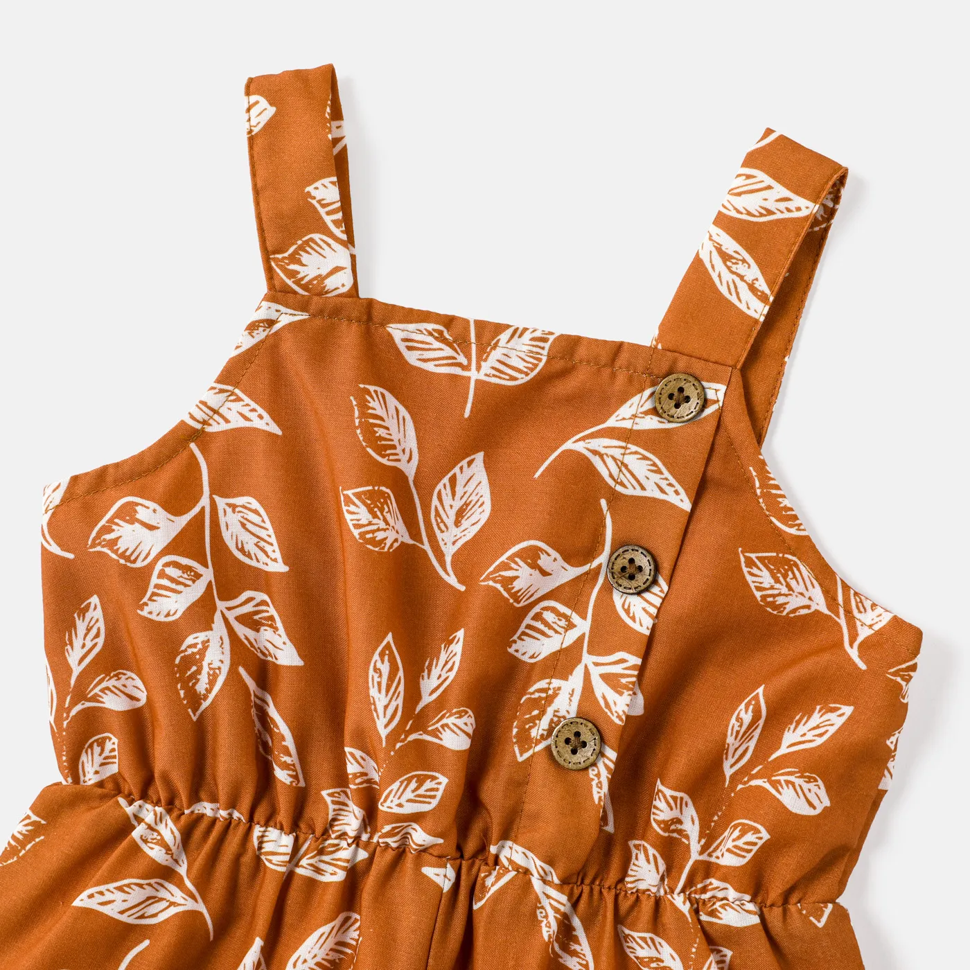 Toddler Girl Floral Leaf Print Button Design Slip Rompers Jumpsuit Shorts Coffee image 3