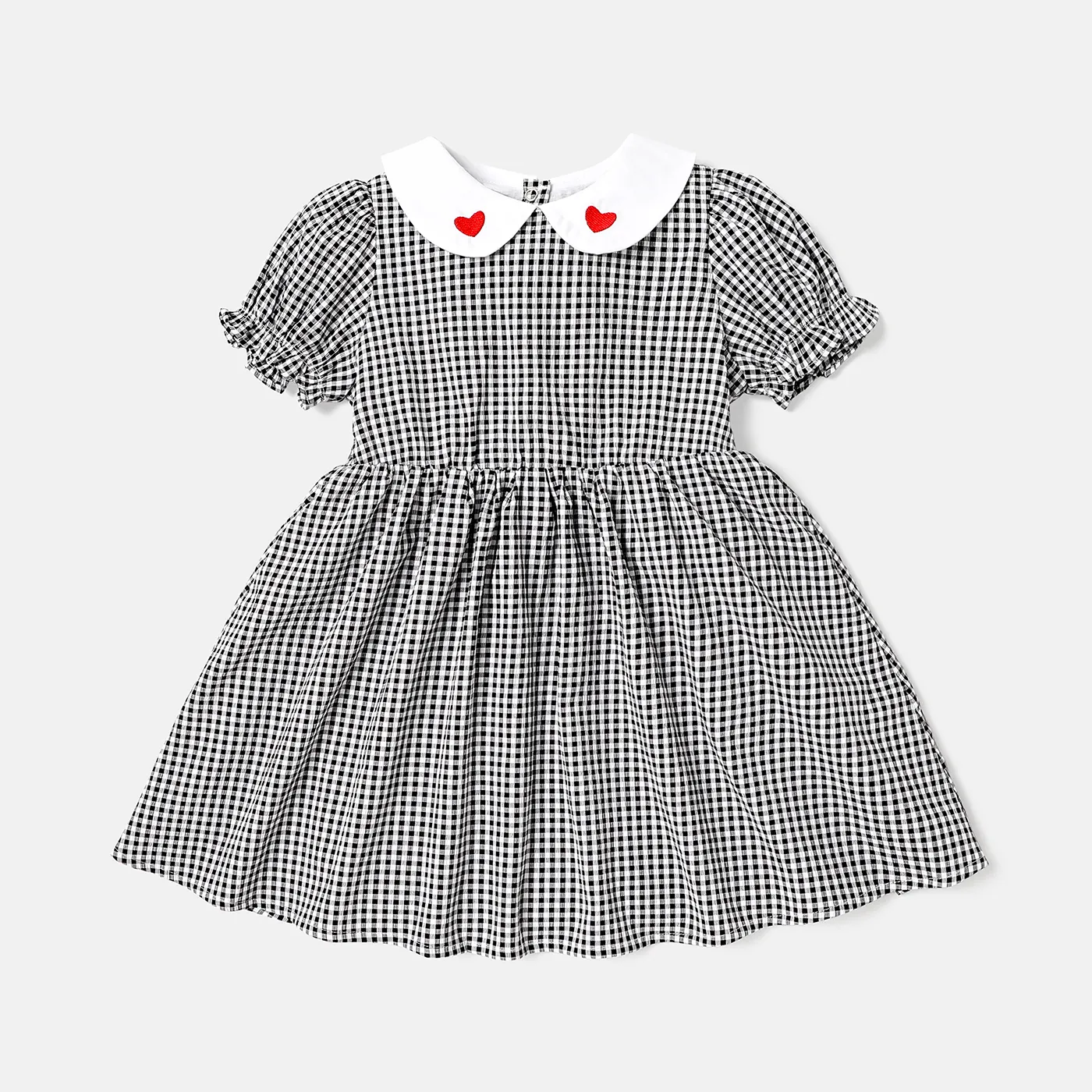 Toddler Girl 100% Cotton Heart Embroidered Doll Collar Puff-sleeve Dress BlackandWhite big image 1