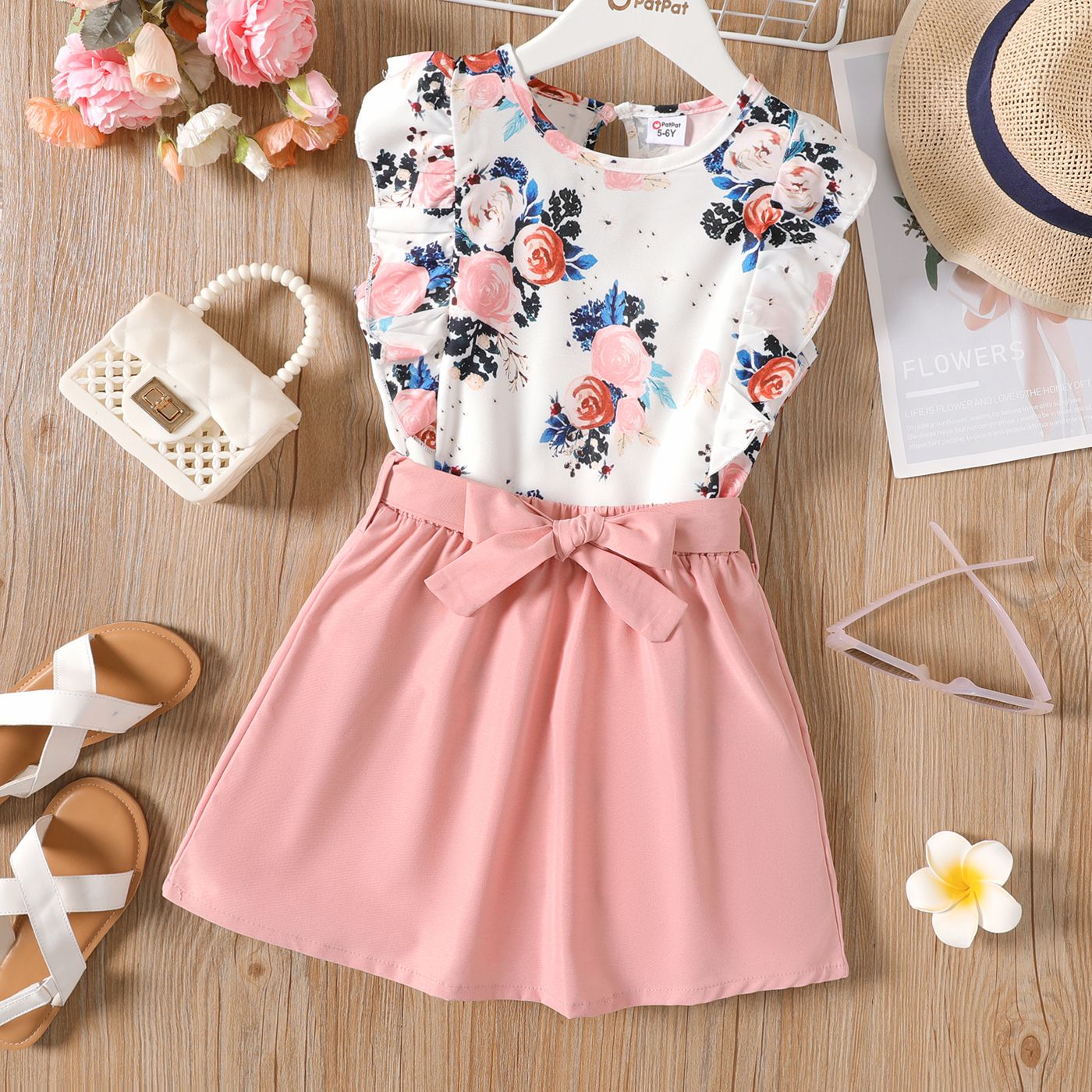 

2pcs Kid Girl Floral Print Sleeveless Tee and Belted Skirt Set