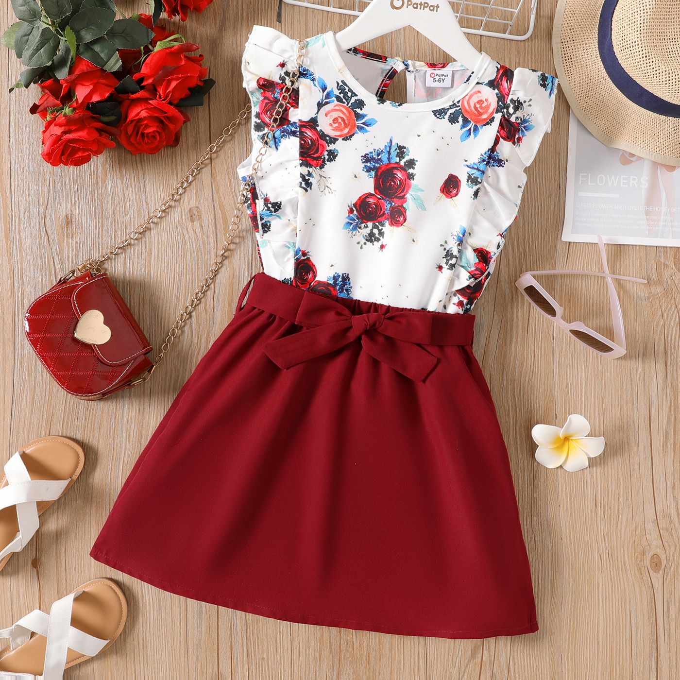 

2pcs Kid Girl Floral Print Sleeveless Tee and Belted Skirt Set