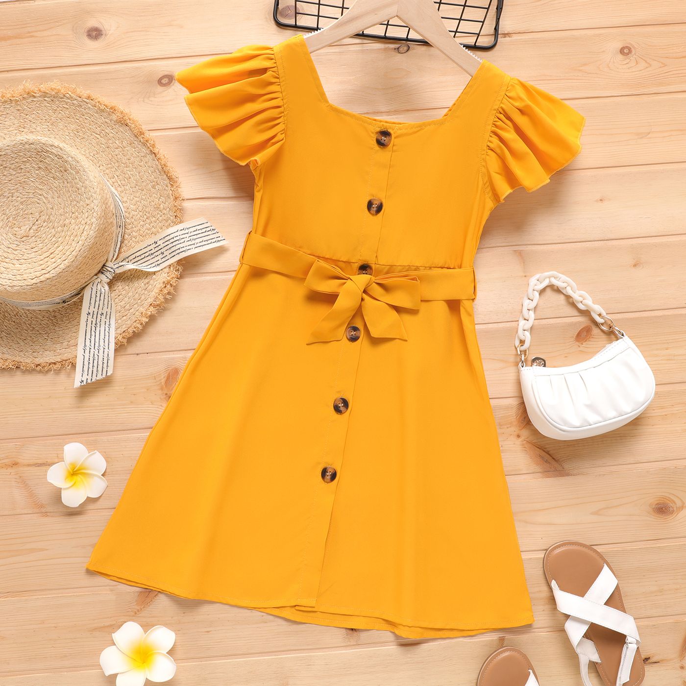 Kid Girl Solid Color Button Design Square Neck Flutter-sleeve Belted  Dress