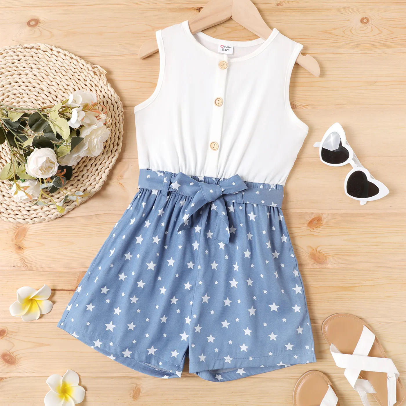 

Kid Girl Star Print Button Design Denim Splice Belted Sleeveless Rompers