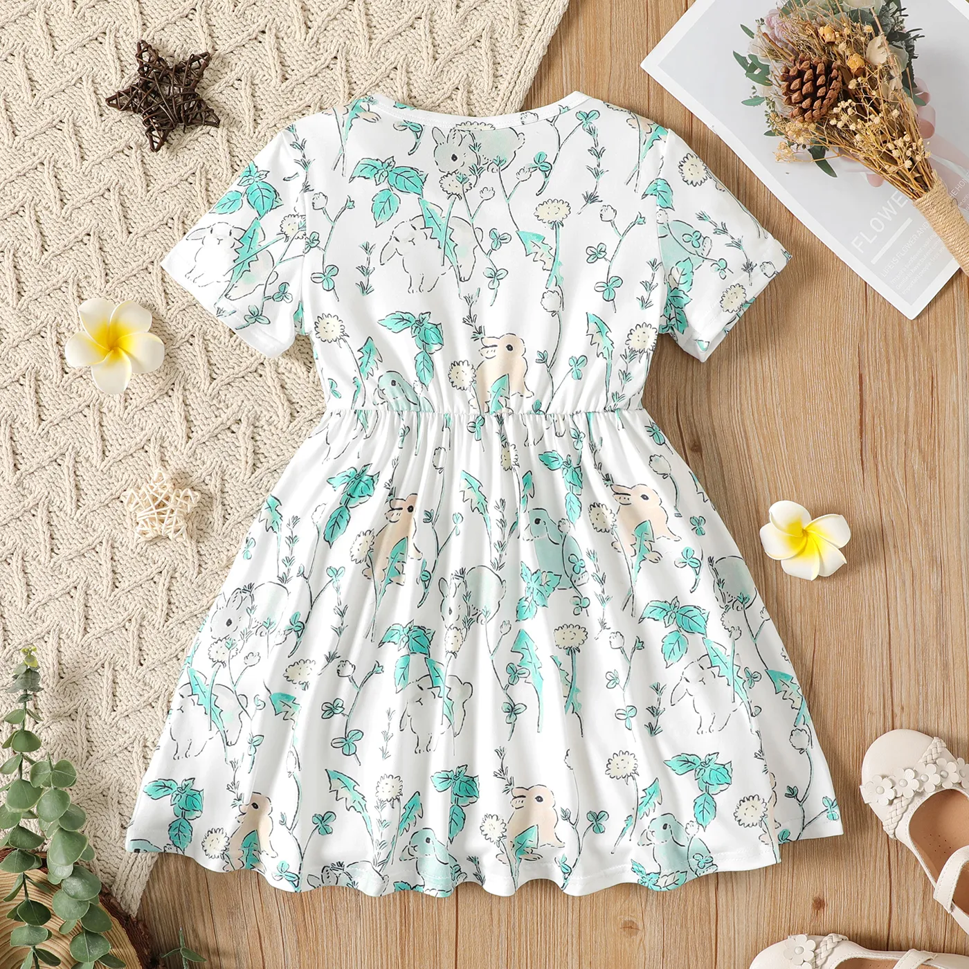 Kid Girl Rabbit Print/Ribbed Short-sleeve Dress