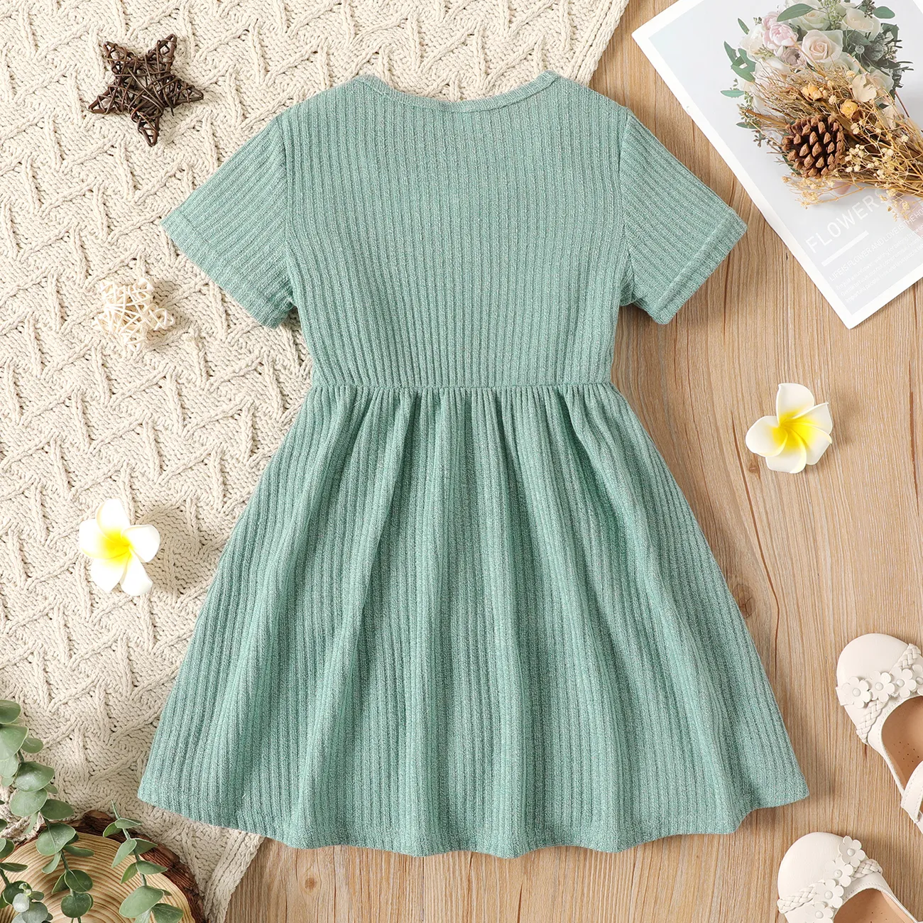 Kid Girl Rabbit Print/Ribbed Short-sleeve Dress Green big image 1