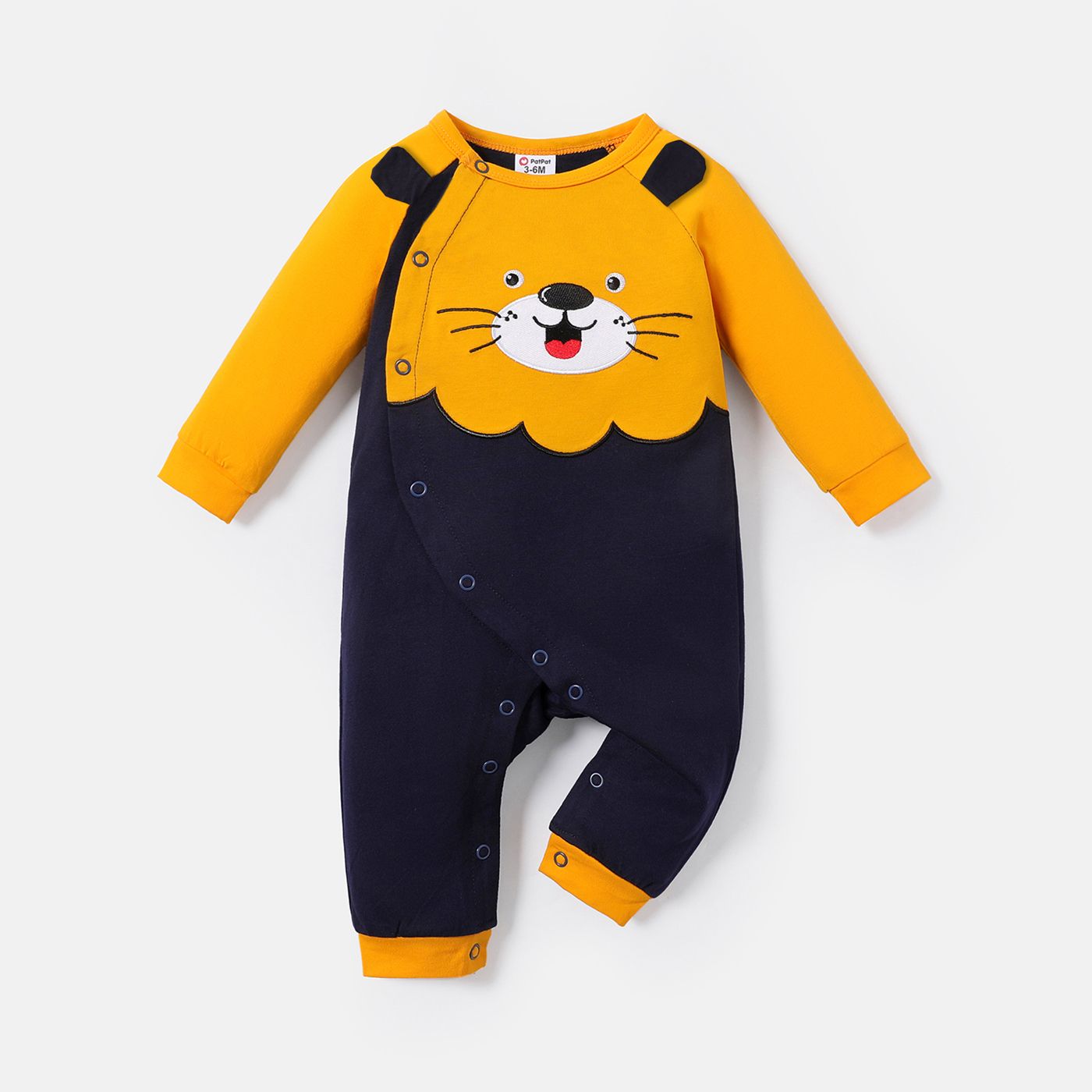 

Baby Boy 100% Cotton Animal Embroidered 3D Ears Detail Long-sleeve Colorblock Jumpsuit