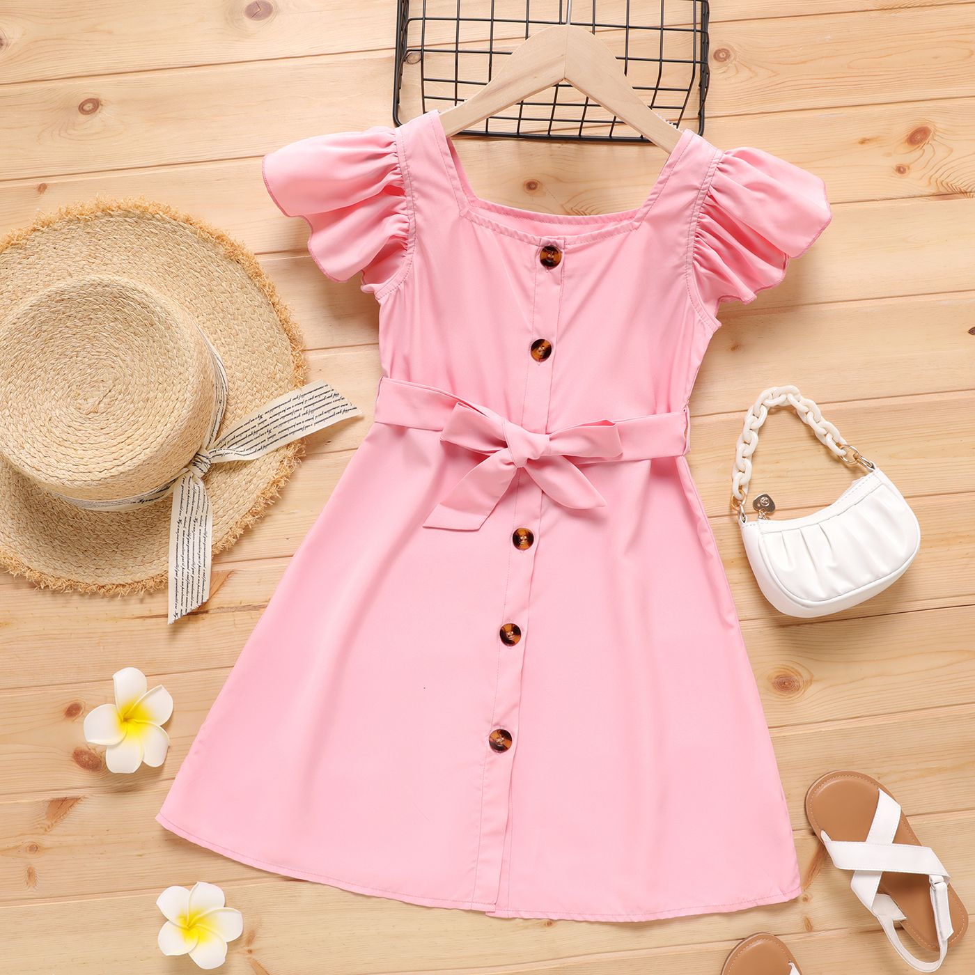 Kid Girl Solid Color Button Design Square Neck Flutter-sleeve Belted  Dress