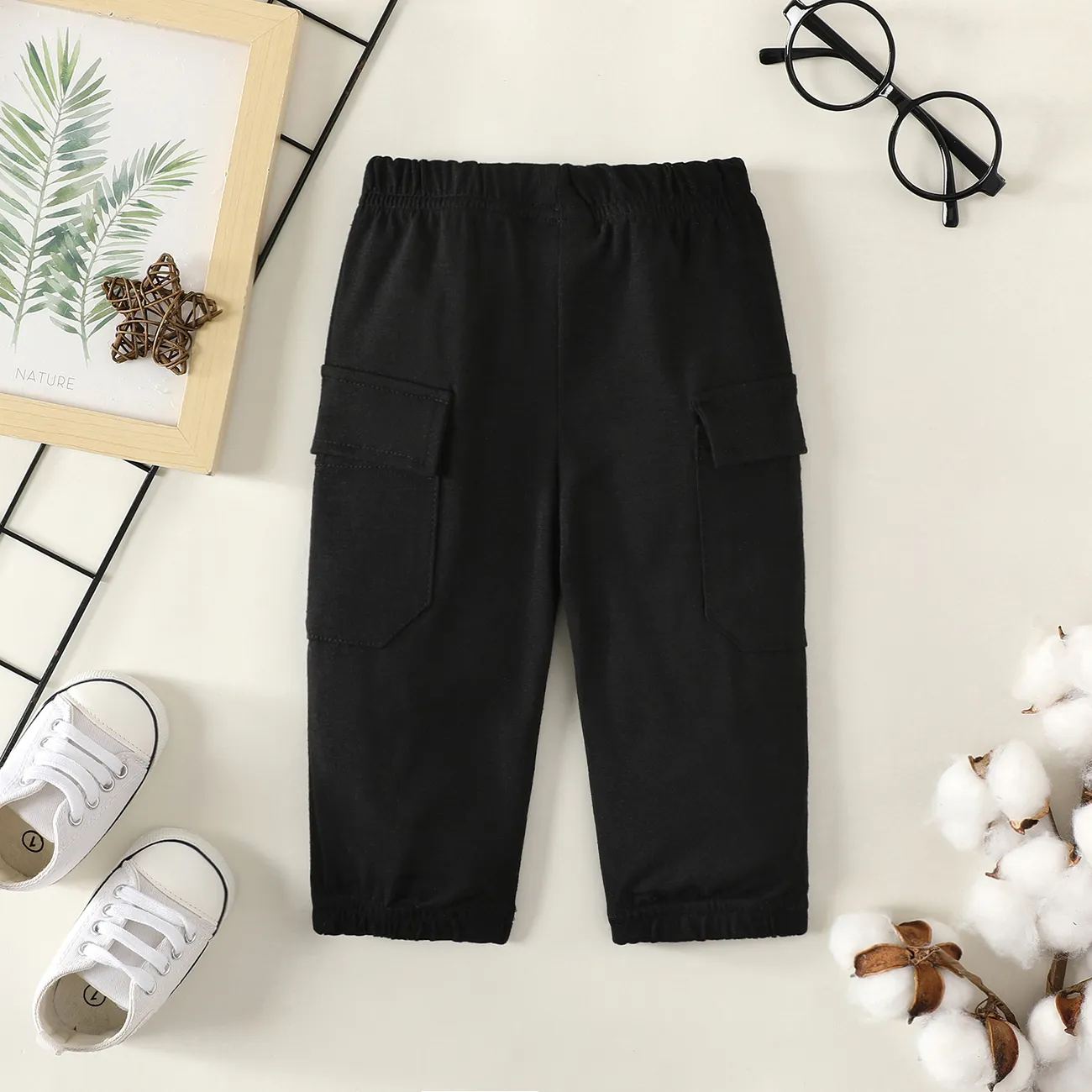 Baby Boy/Girl Solid Flap Pocket Cargo Pants Black big image 1