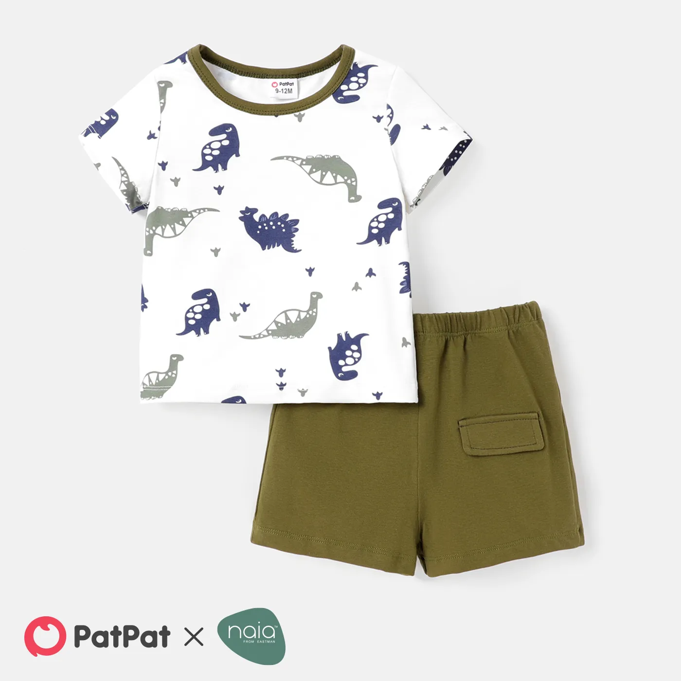 2pcs Baby Boy Solid Cotton Shorts and Allover Dinosaur Print Short-sleeve Naia™ Tee Set Army green big image 1