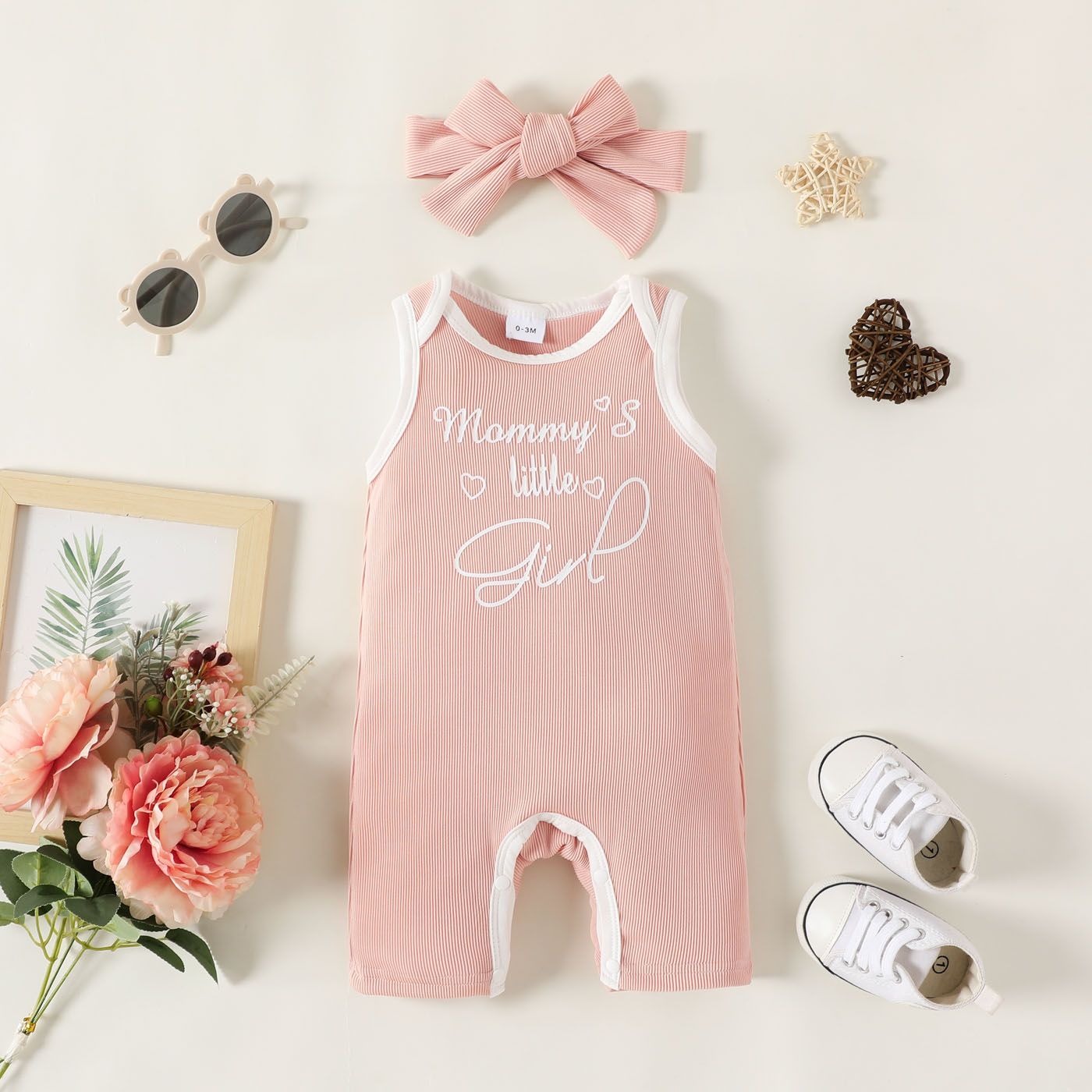 

2pcs Baby Girl Letter Print Ribbed Tank Romper & Headband Set