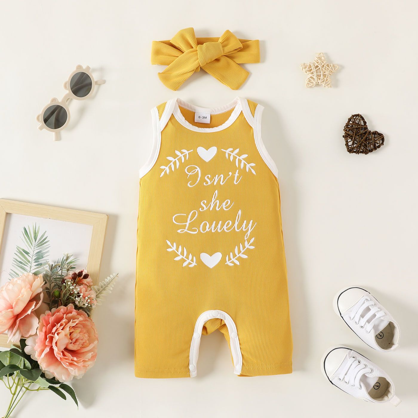 

2pcs Baby Girl Letter Print Ribbed Tank Romper & Headband Set