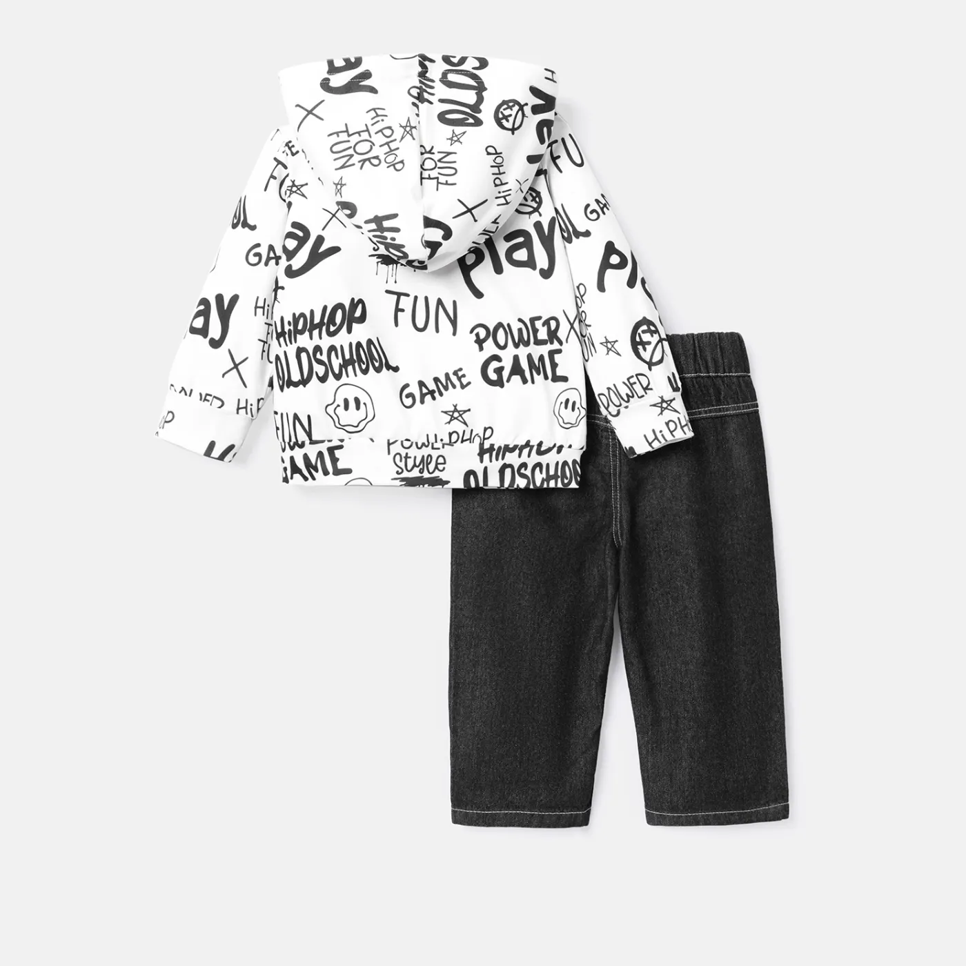 2pcs Baby Boy Long-sleeve Allover Letter Print Naia™ Hoodie and Ripped Jeans Set Color block image 2