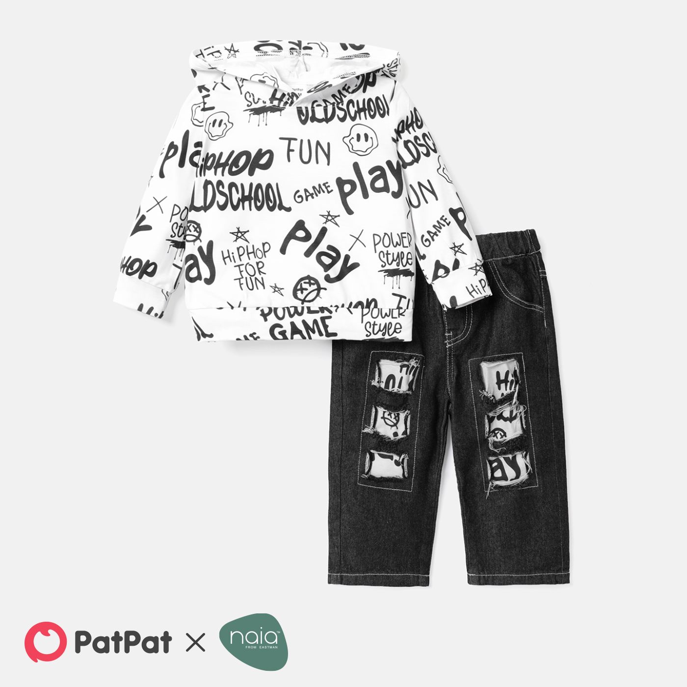2pcs Baby Boy Long-sleeve Allover Letter Print Naiaâ¢ Hoodie And Ripped Jeans Set