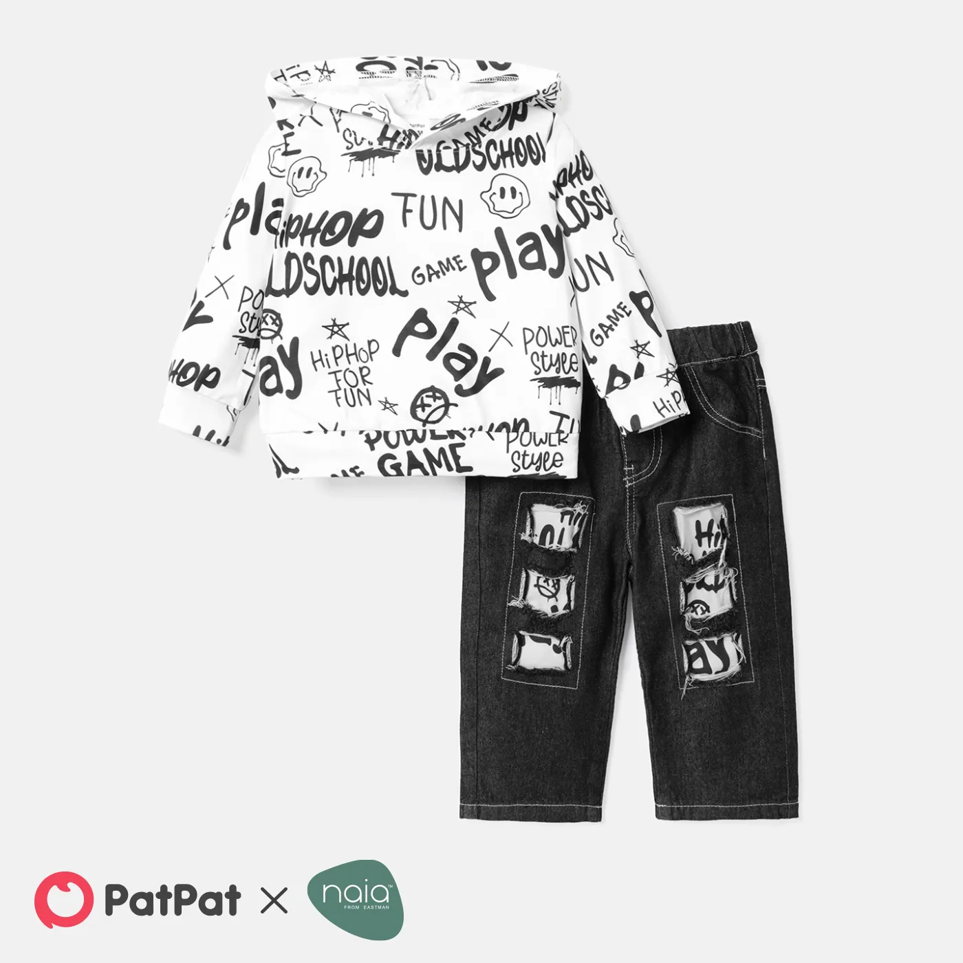 2pcs Baby Boy Long-sleeve Allover Letter Print Naia™ Hoodie and Ripped Jeans Set Color block big image 1
