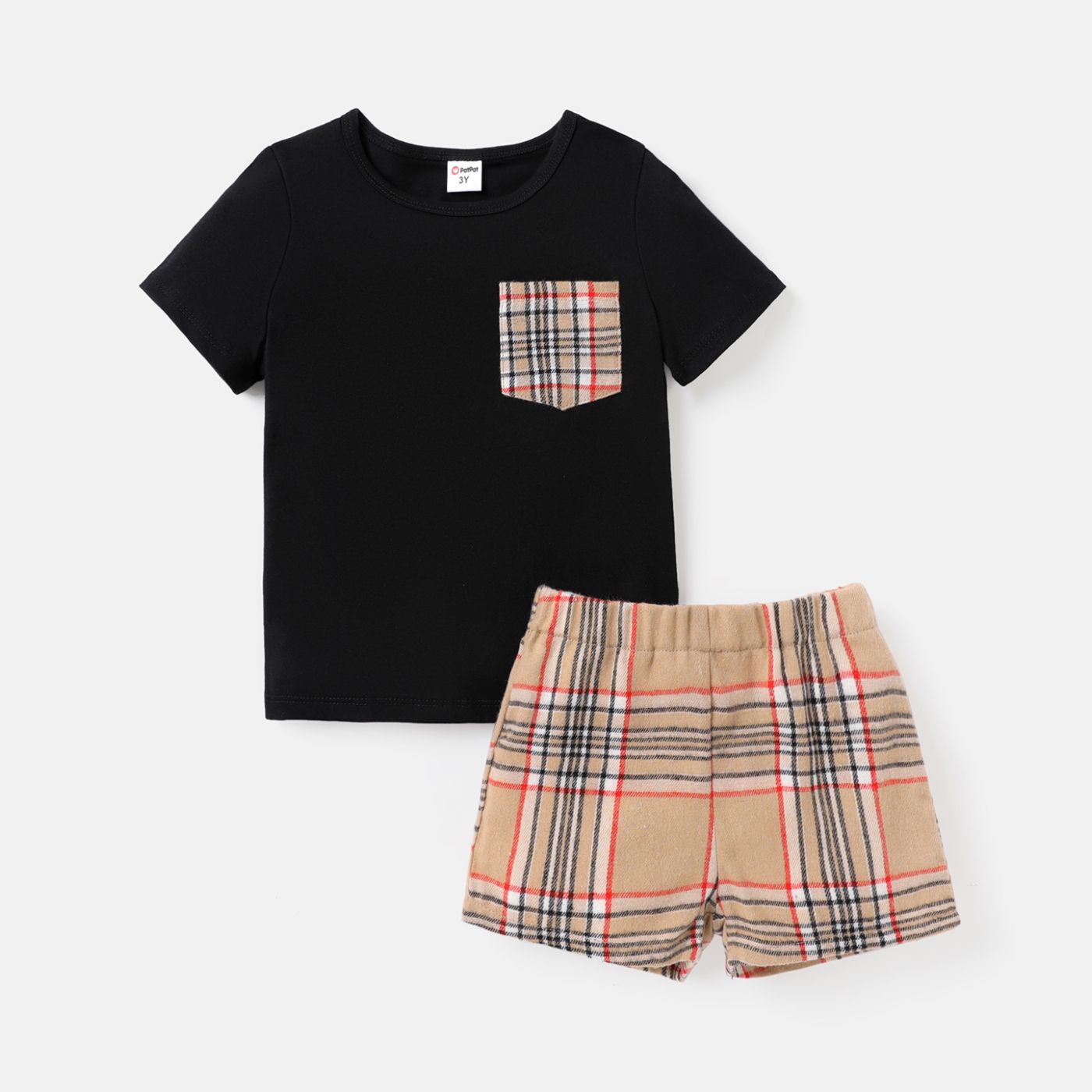 

2pcs Toddler Boy Pocket Design Short-sleeve Cotton Tee and Plaid Shorts Set