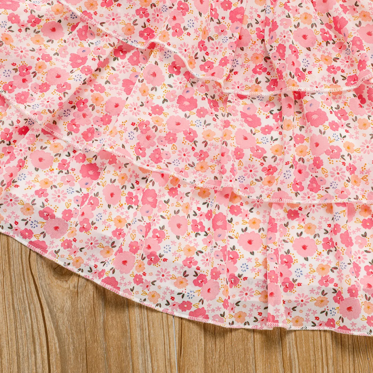 Toddler Girl Sweet Floral Print Smocked Ruffled Sleeveless Dress Pink big image 1
