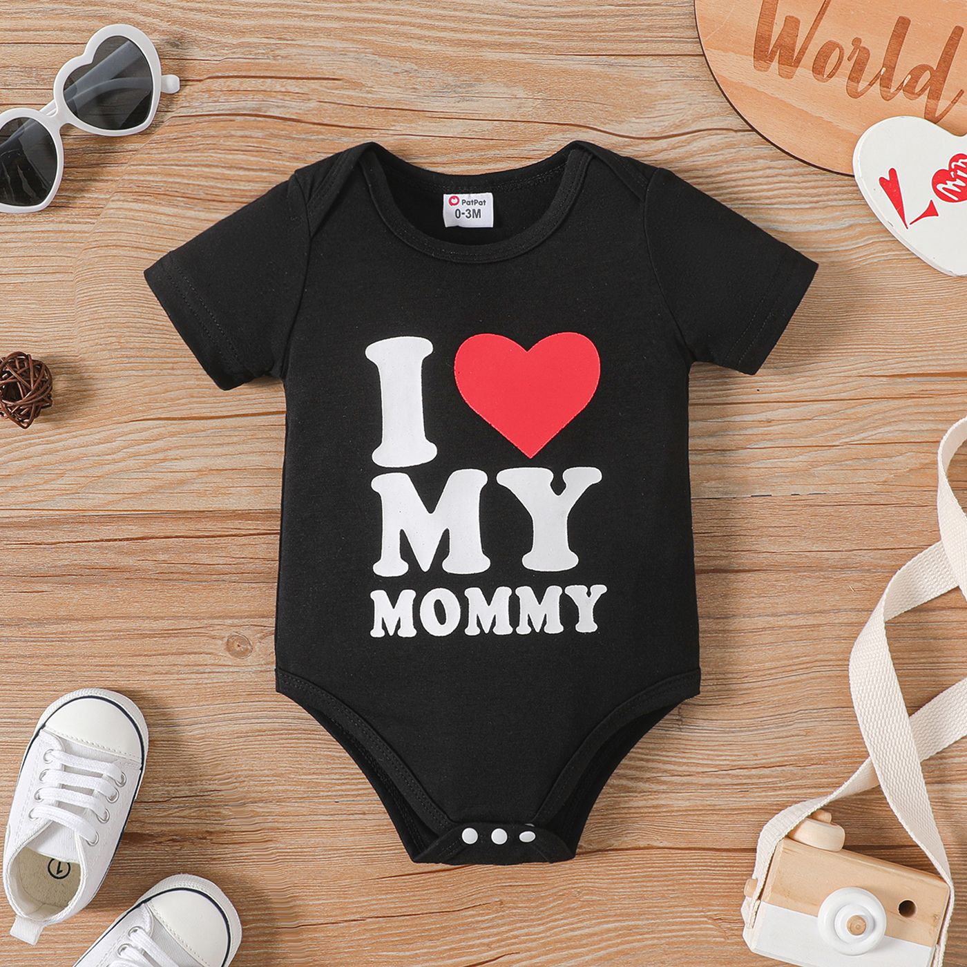 Baby Boy/Girl Love Heart and Letter Print Colorblock Ribbed Short-sleeve Hooded Jumpsuit