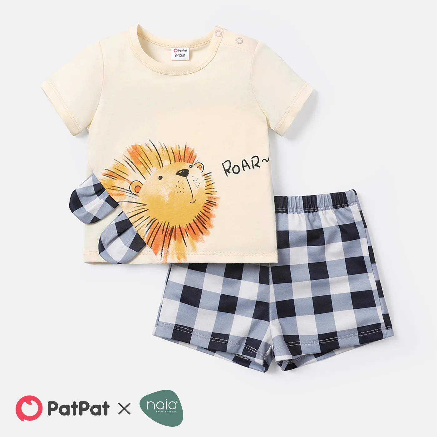 2pcs Baby Boy 100% Cotton Lion Print Short-sleeve Tee and Plaid Naia™ Shorts Set