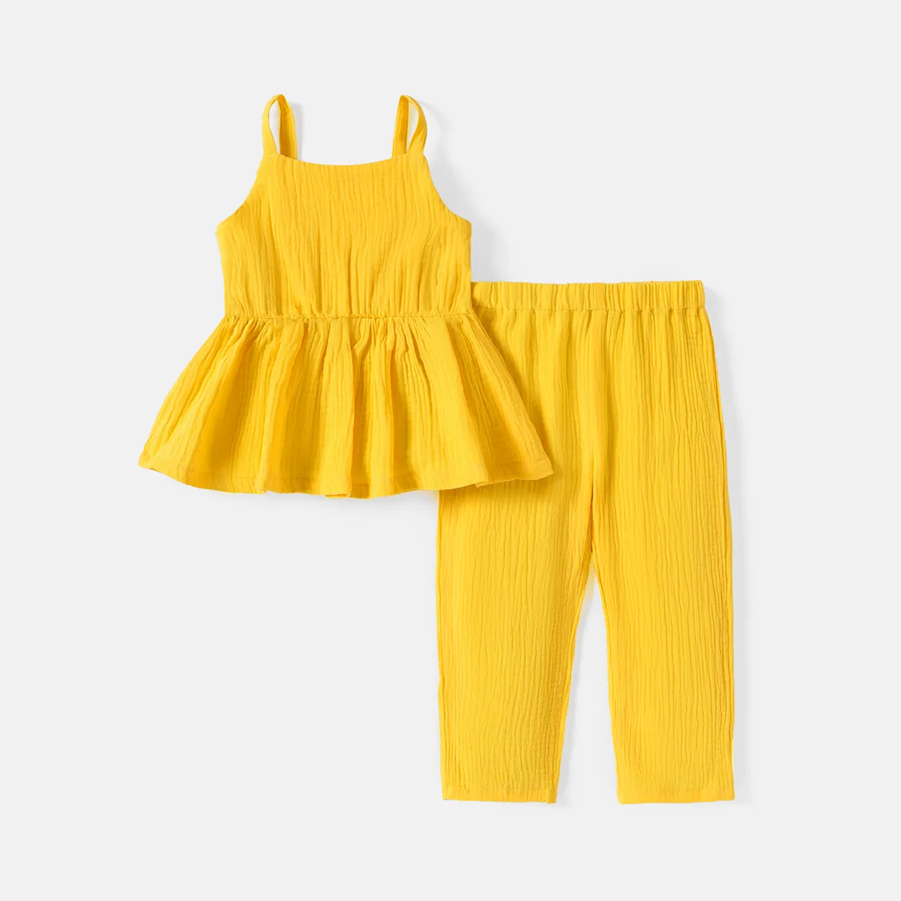 2pcs Toddler Girl 100% Cotton Solid Color Peplum Tank Top and Pants Set Yellow big image 1