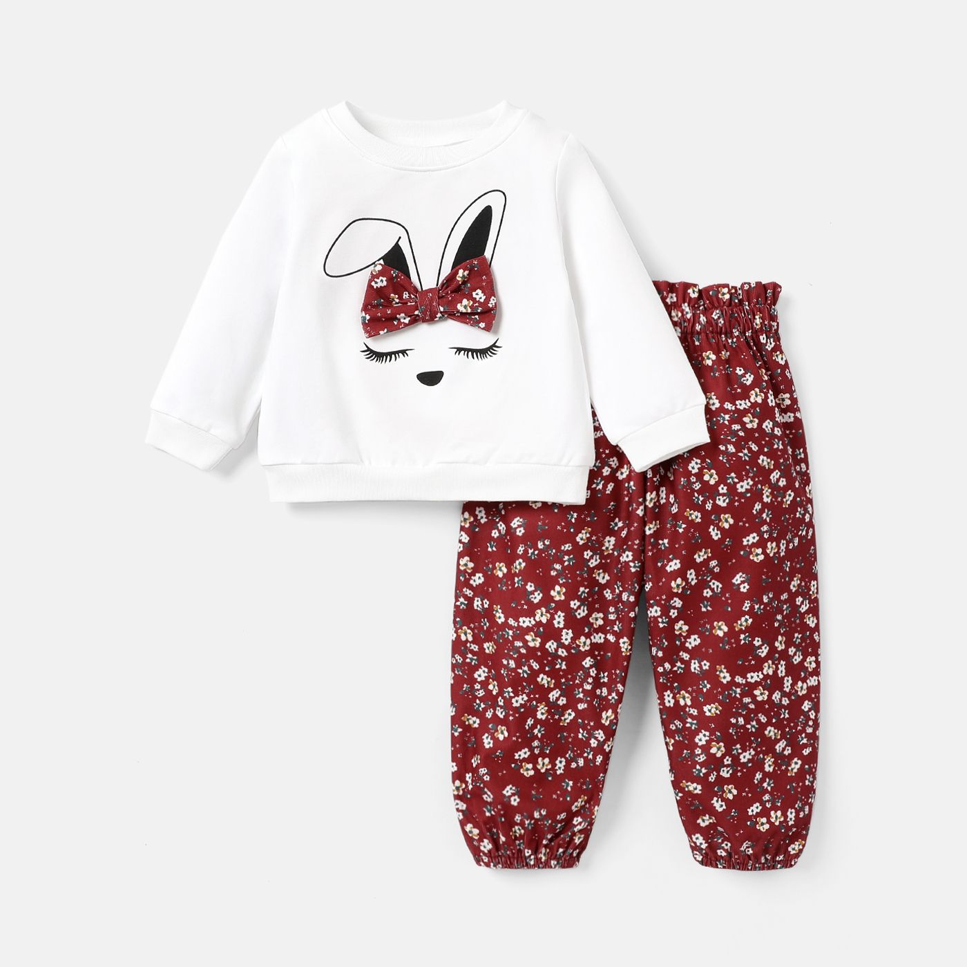 2pcs Baby Girl Rabbit Graphic Long-sleeve Cotton Sweatshirt and Floral Print Pants Set