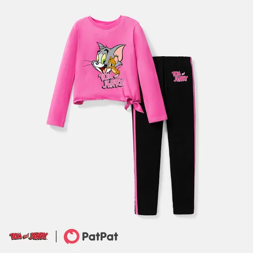 Tom and Jerry 2pcs Kid Girl Tie Knot Cotton Long-sleeve Tee and Colorblock Leggings Set