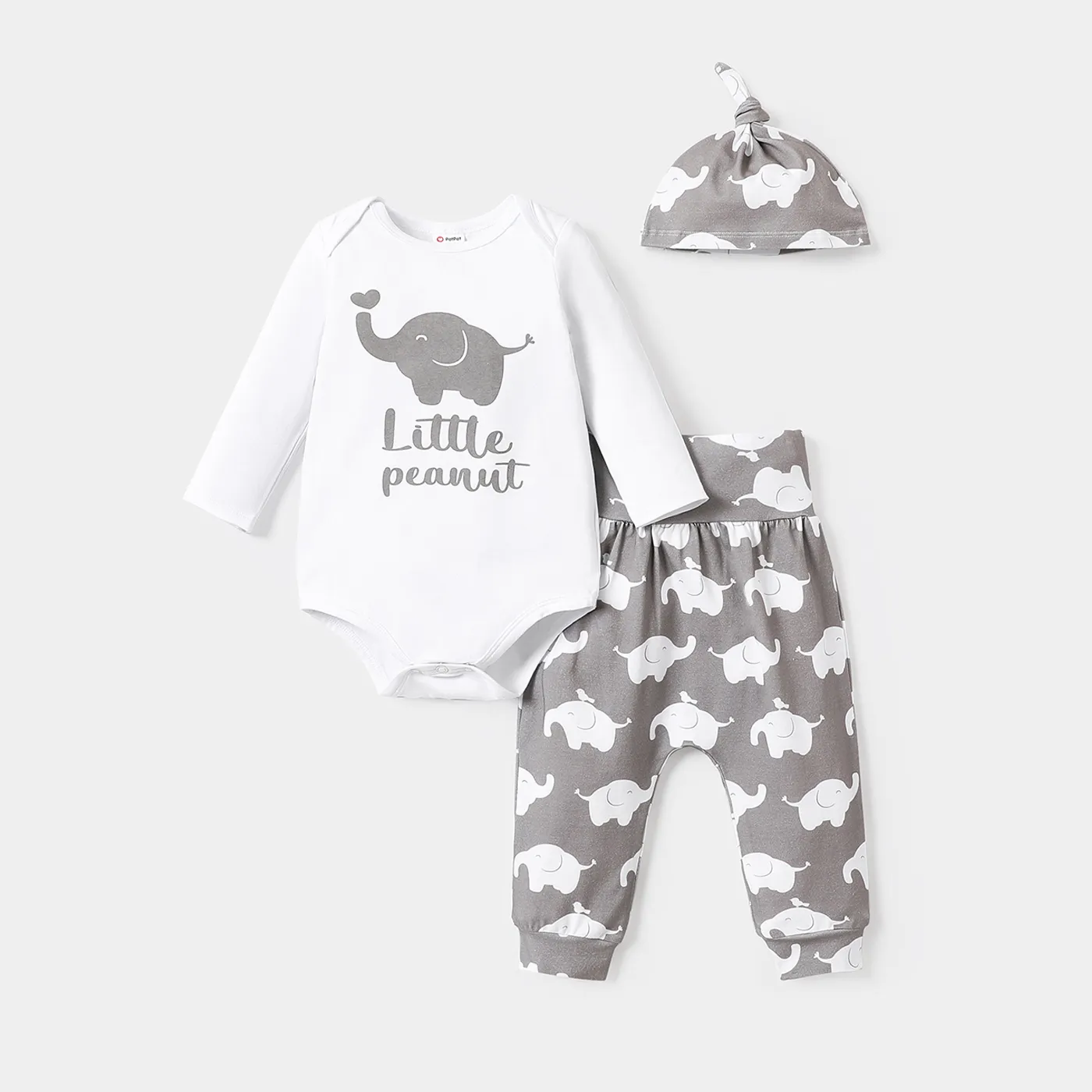 3pcs Baby Boy/Girl Cotton Long-sleeve Elephant & Letter Print Romper and Pants & Headband Set