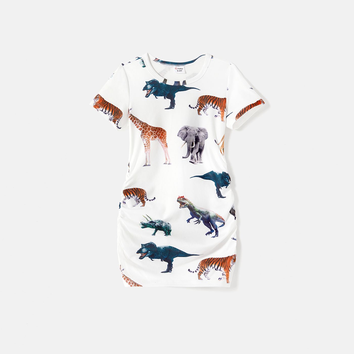 Family Matching Cotton T-shirts And Allover Dinosaur Print Short-sleeve Drawstring Ruched Bodycon Dresses Sets