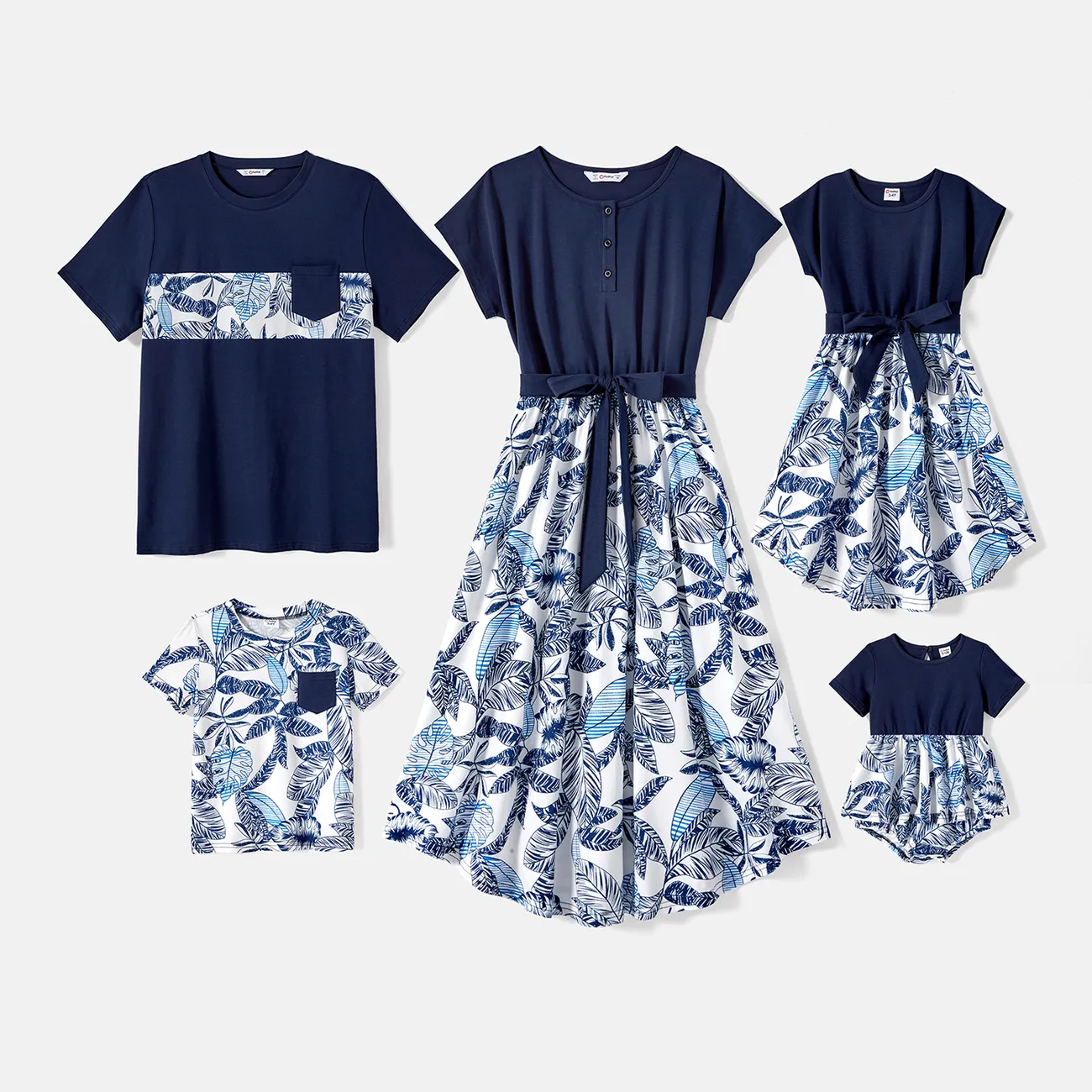 Family Matching 95% Cotton Allover Plant Print Short-sleeve Belted Spliced Dresses and T-shirts Sets BLUEWHITE big image 1
