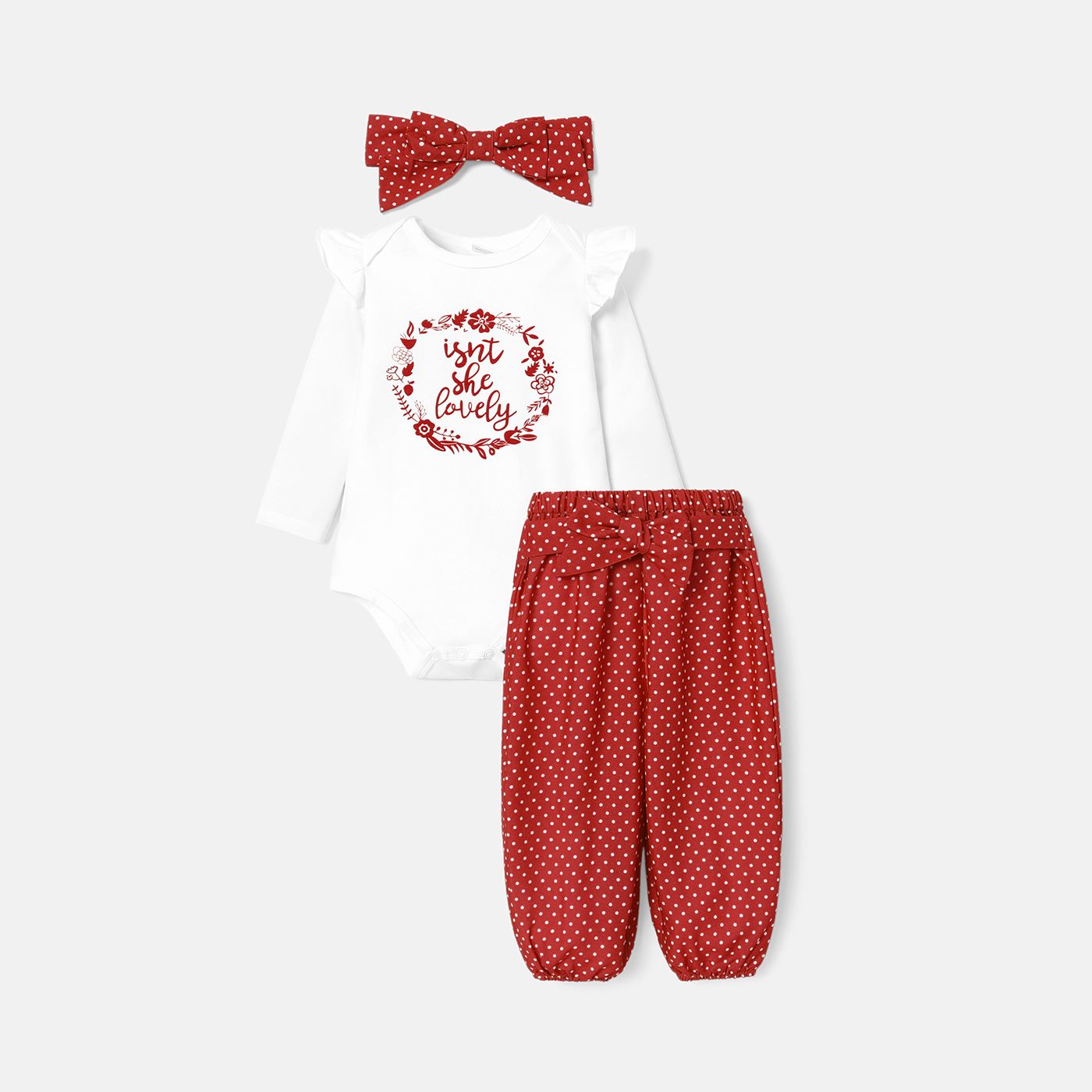 3pcs Baby Girl Cotton Letter Print Long-sleeve Rompers & Polka Dots Belted Pants And Headband Set