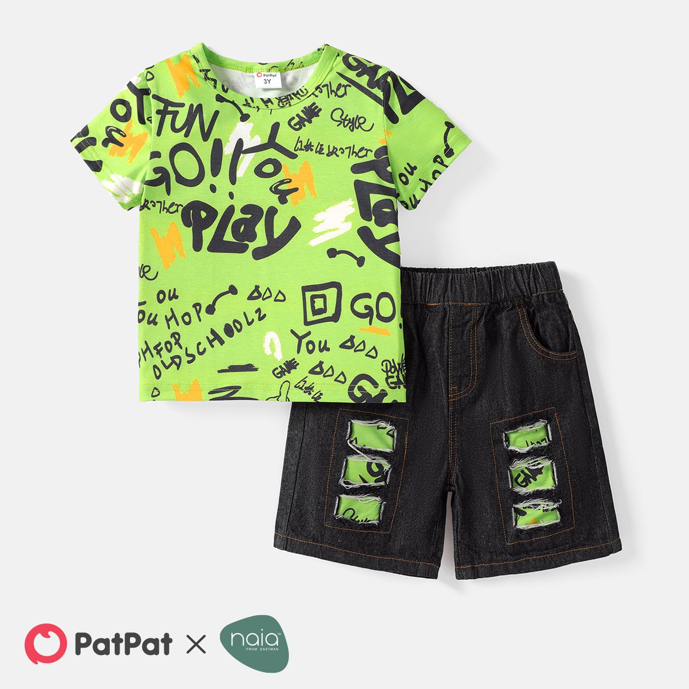 

2pcs Toddler Boy Naia Letter Print Short-sleeve Tee and Ripped Denim Shorts Set