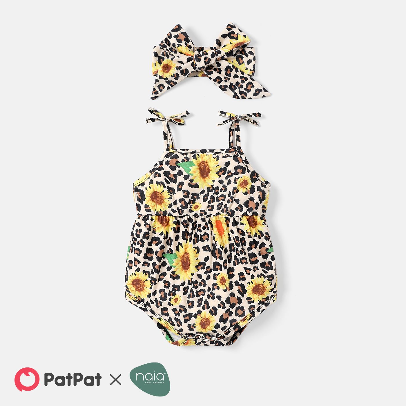 Naiaâ¢ 2pcs Baby Girl Sunflower & Leopard Print Cami Romper With Headband Set