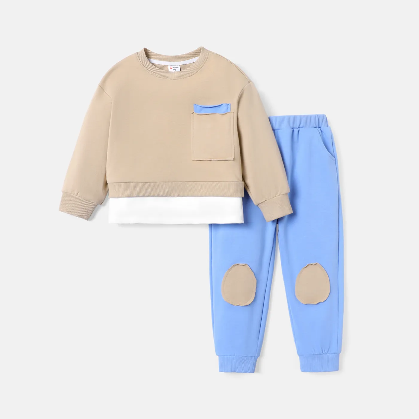 2pcs Toddler Boy Faux-two Pocket Design Sweatshirt and Colorblock Pants Set Khaki big image 1
