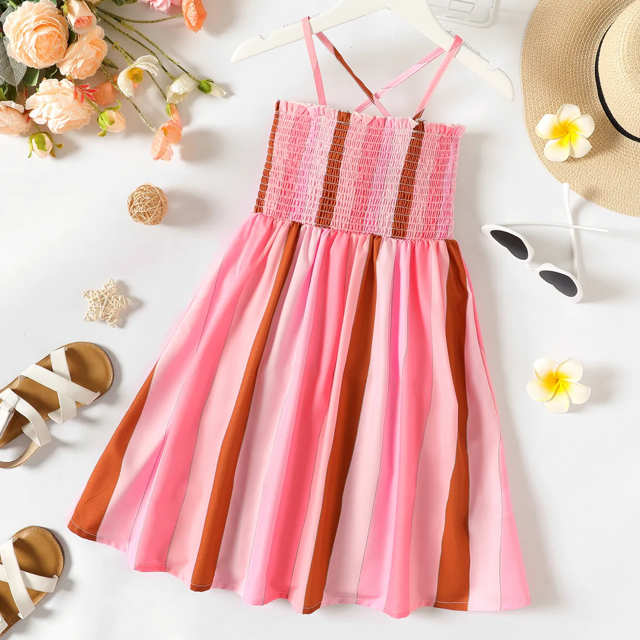 Kid Girl Colorblock Stripe Smocked Slip Dress Pink big image 1