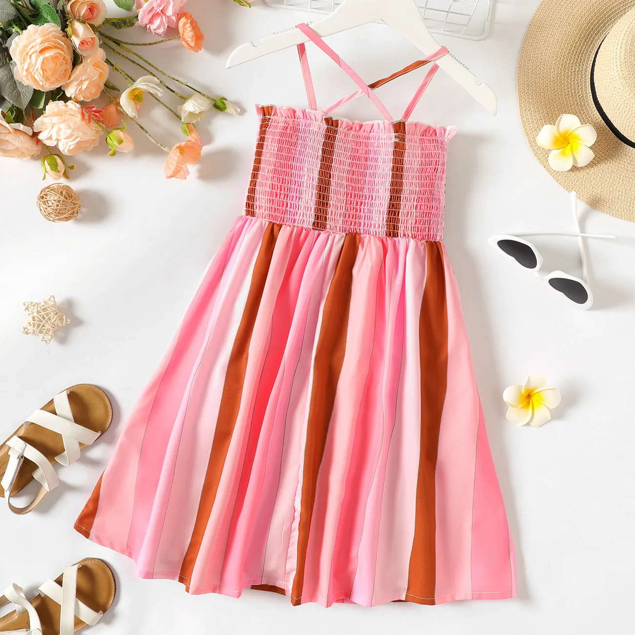 Kid Girl Colorblock Stripe Smocked Slip Dress Pink big image 1